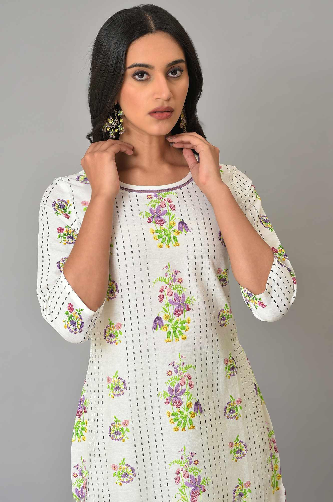 Ecru Floral Printed Cotton kurta - Image 5