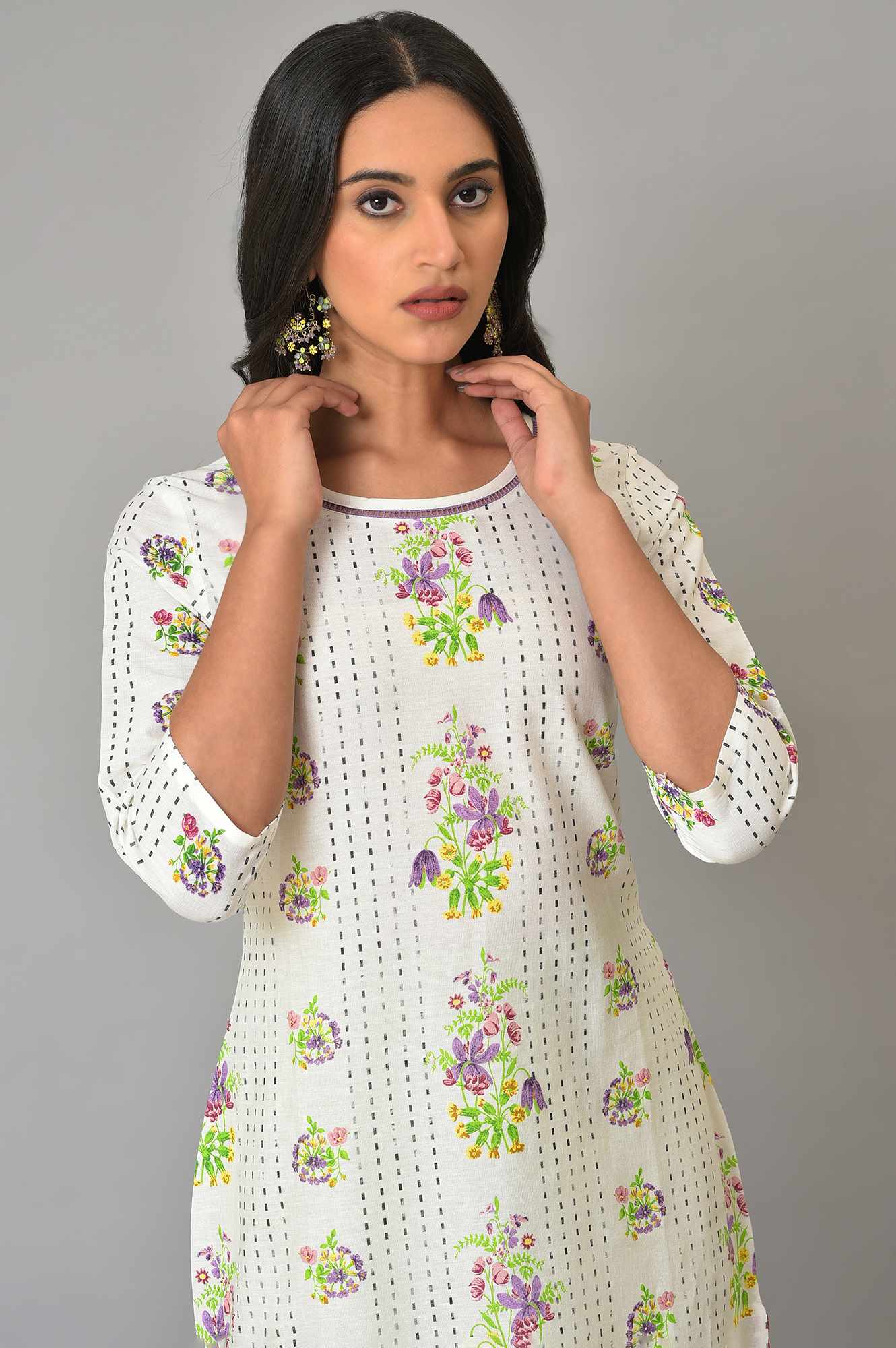 Ecru Floral Printed Cotton Kurta - Image 5
