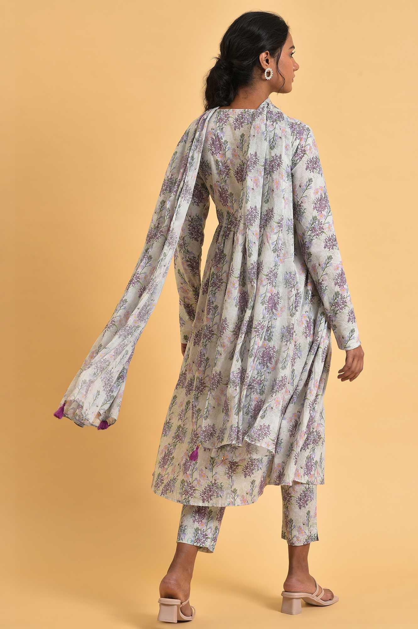 Ecru Floral Printed Cotton kurta Set - Image 2