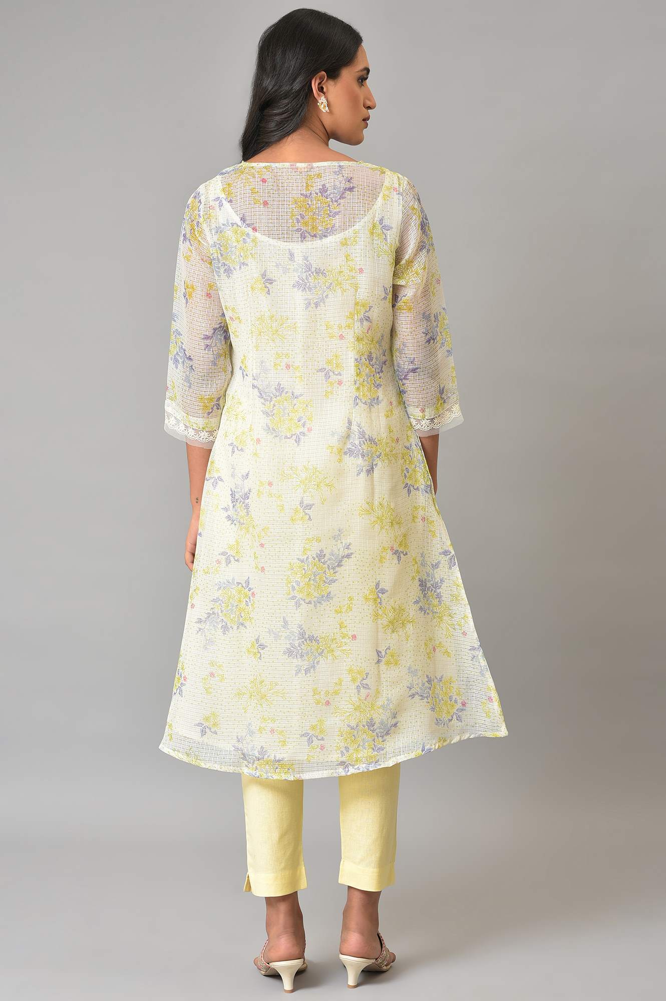 Ecru Floral Printed Kota Inner Kurta - Image 2