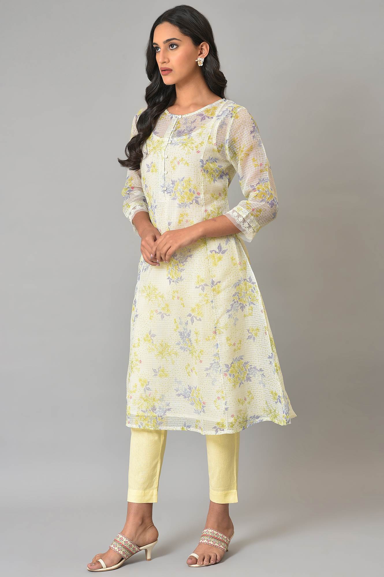 Ecru Floral Printed Kota Inner Kurta - Image 3