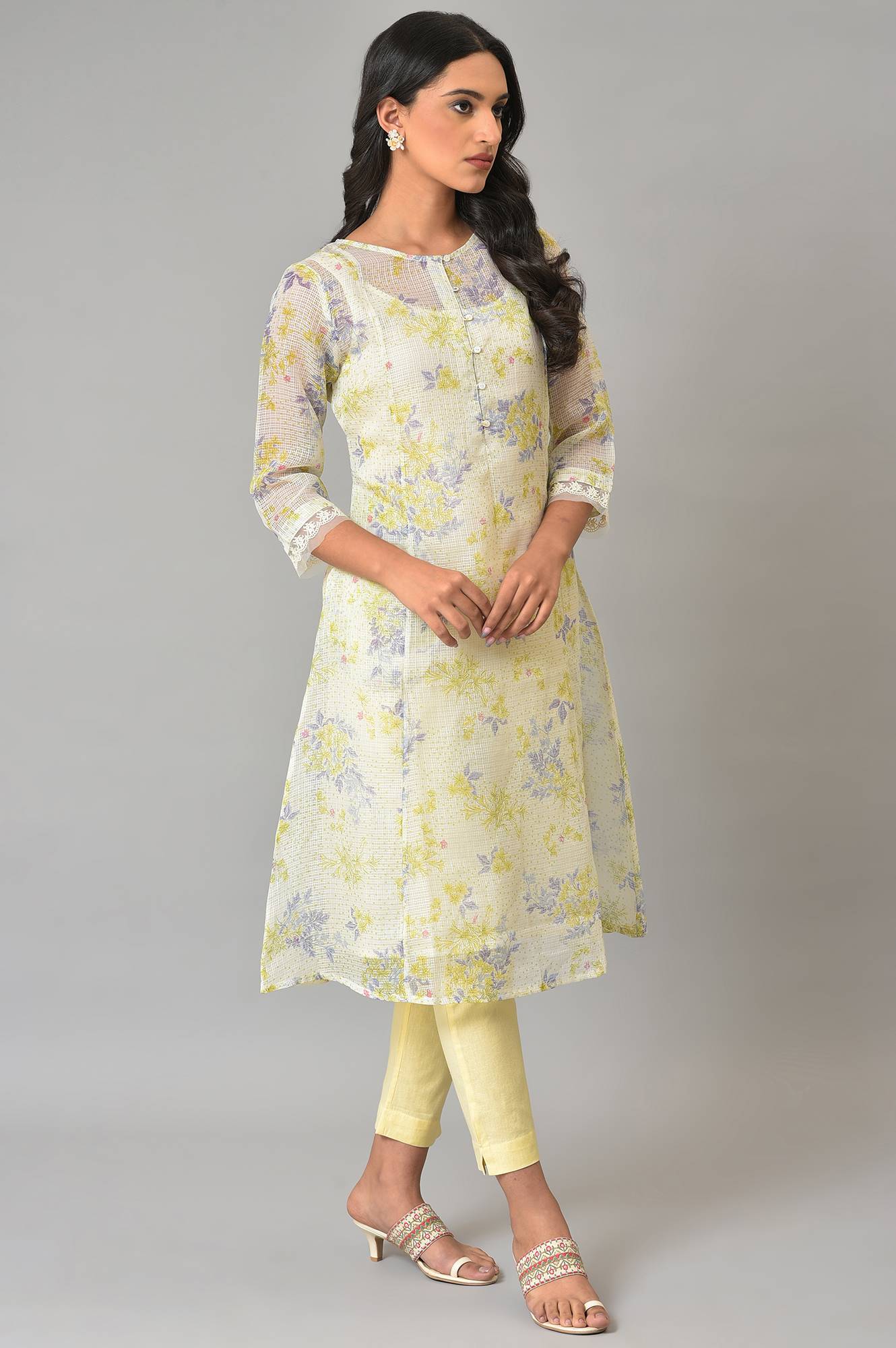 Ecru Floral Printed Kota Inner Kurta - Image 4