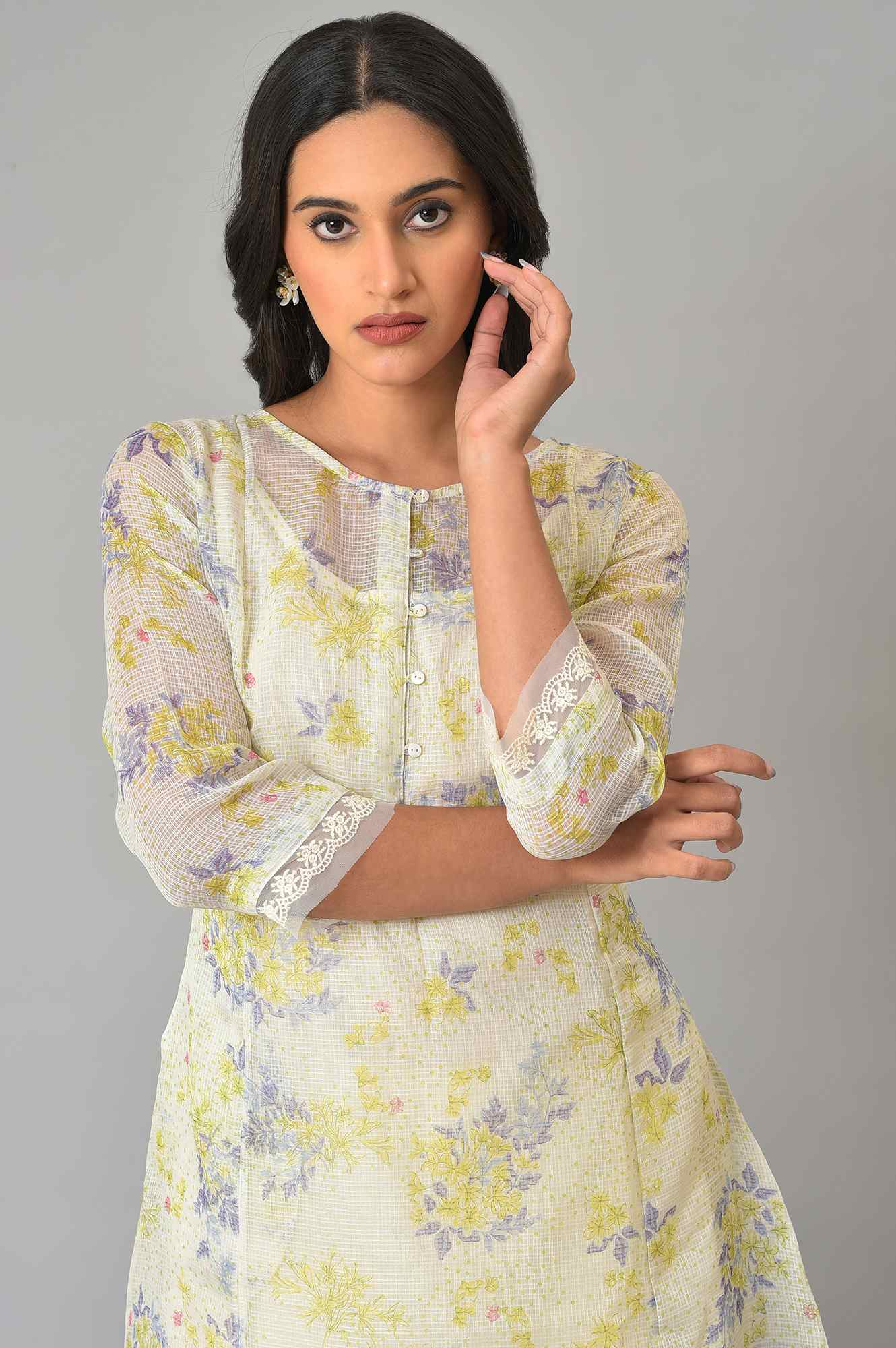 Ecru Floral Printed Kota Inner Kurta - Image 5