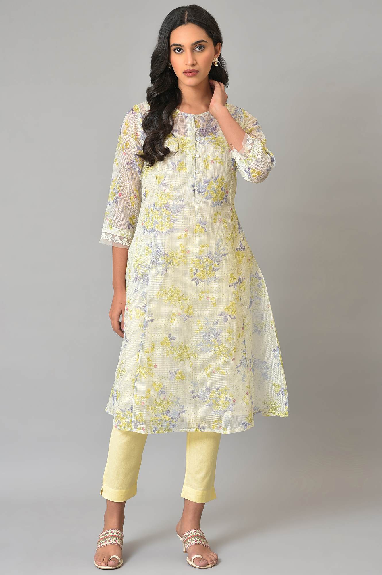 Ecru Floral Printed Kota Inner Kurta - Image 6