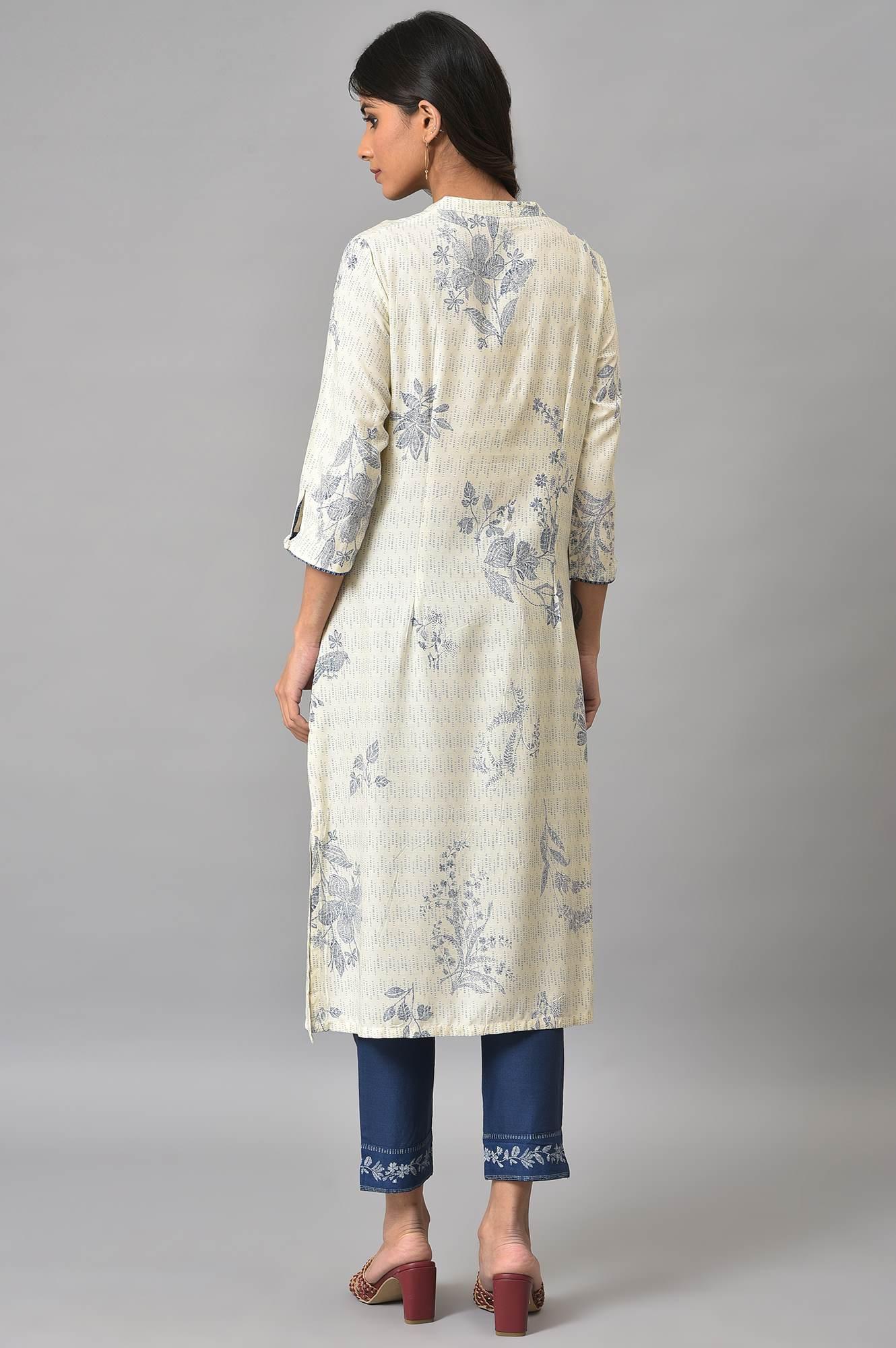 Ecru Floral Printed kurta With Blue Slim Pants - Image 2