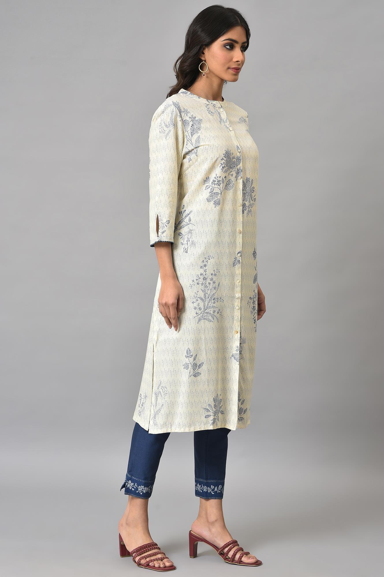 Ecru Floral Printed kurta With Blue Slim Pants - Image 4