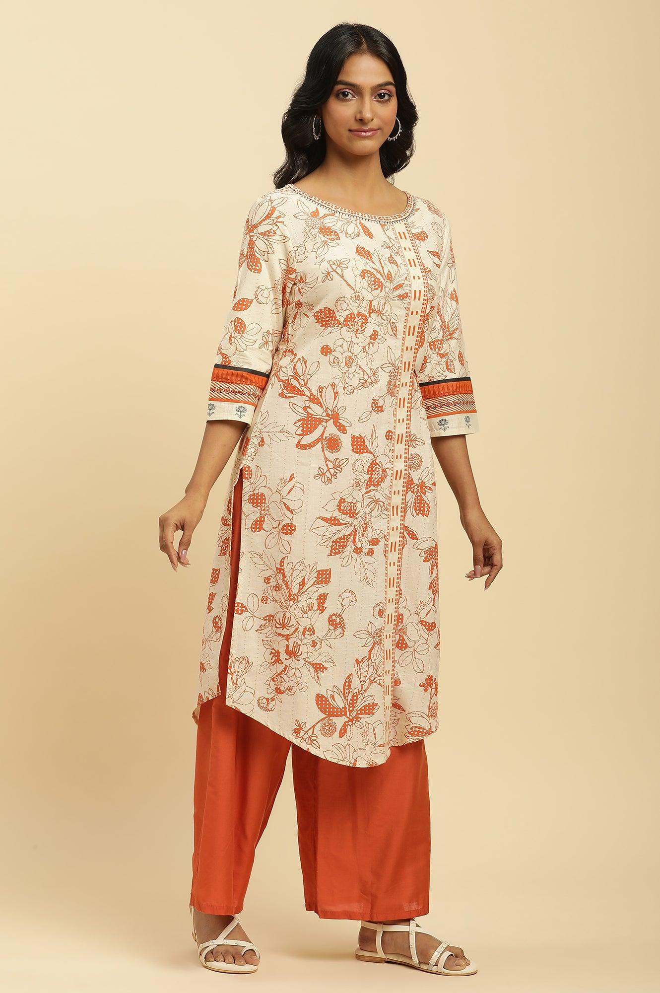 Ecru Floral Printed Kurta With Orange Parallel Pants - Image 5