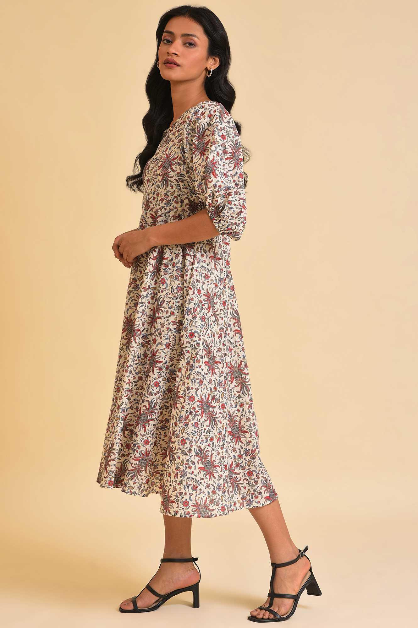 Ecru Floral Printed Midi Dress - Image 3