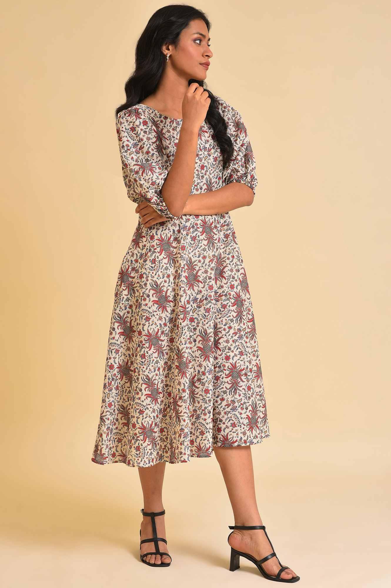 Ecru Floral Printed Midi Dress - Image 4