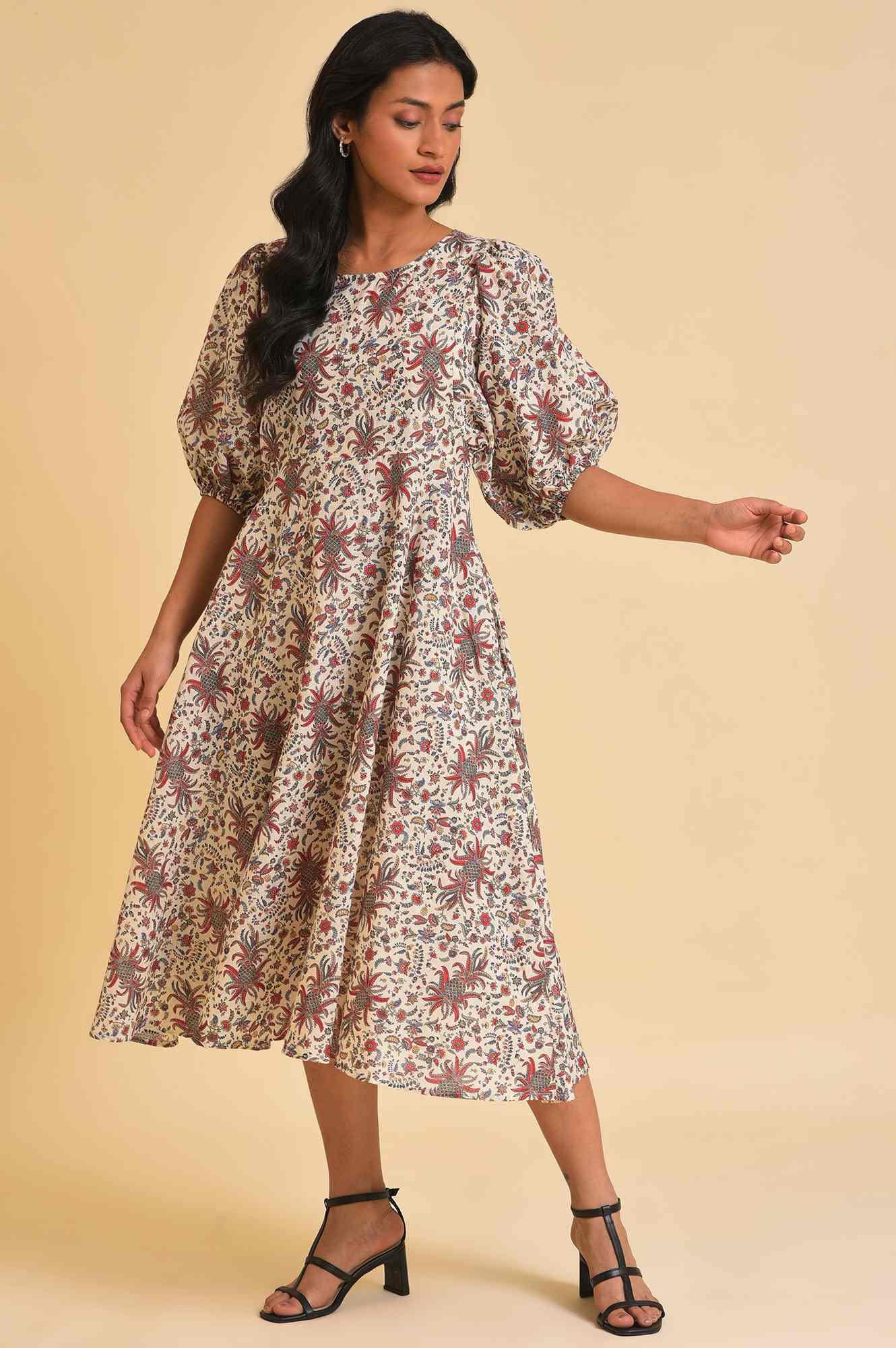 Ecru Floral Printed Midi Dress - Image 6