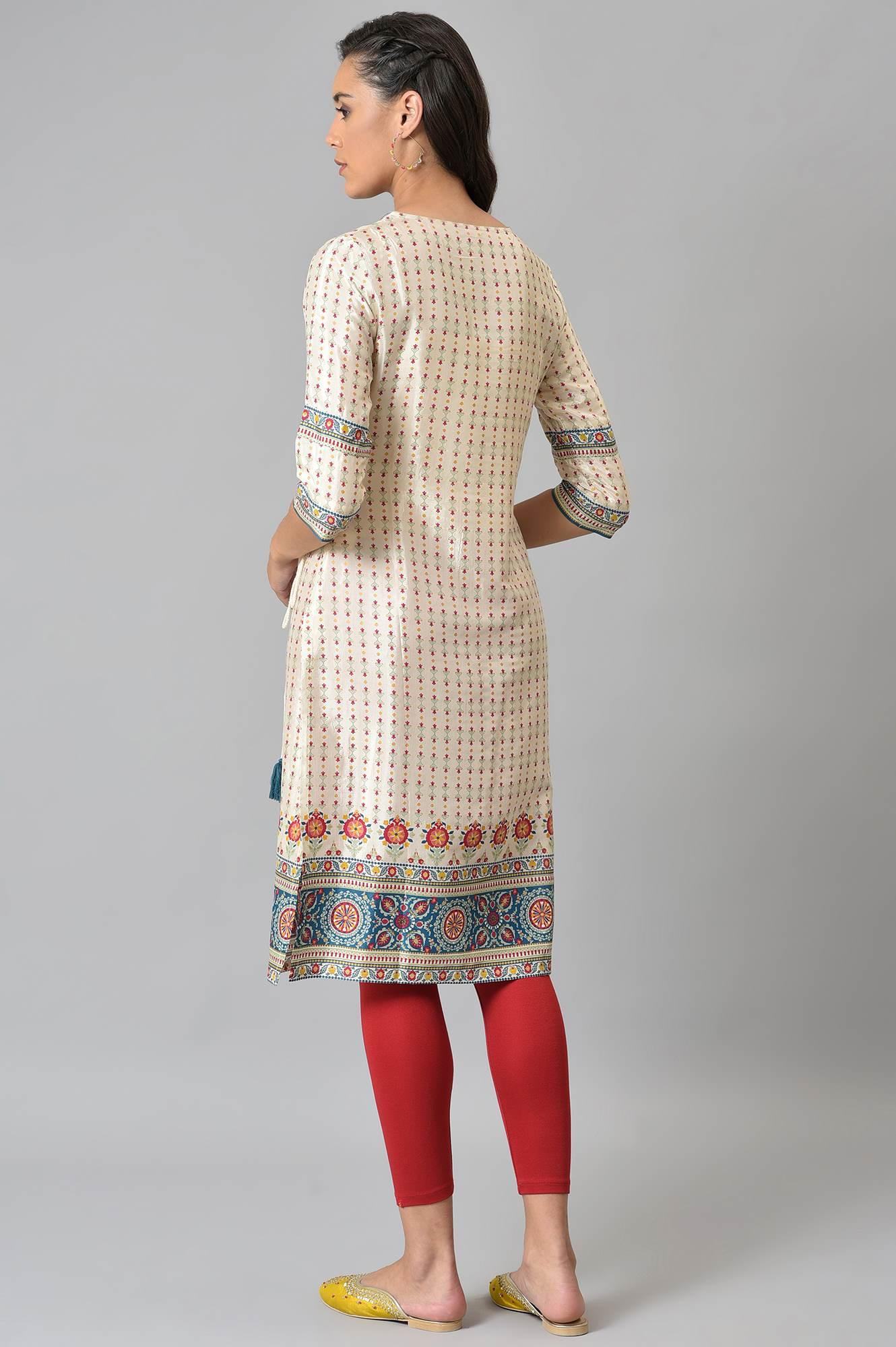 Ecru Floral Printed Sequined kurta - Image 2