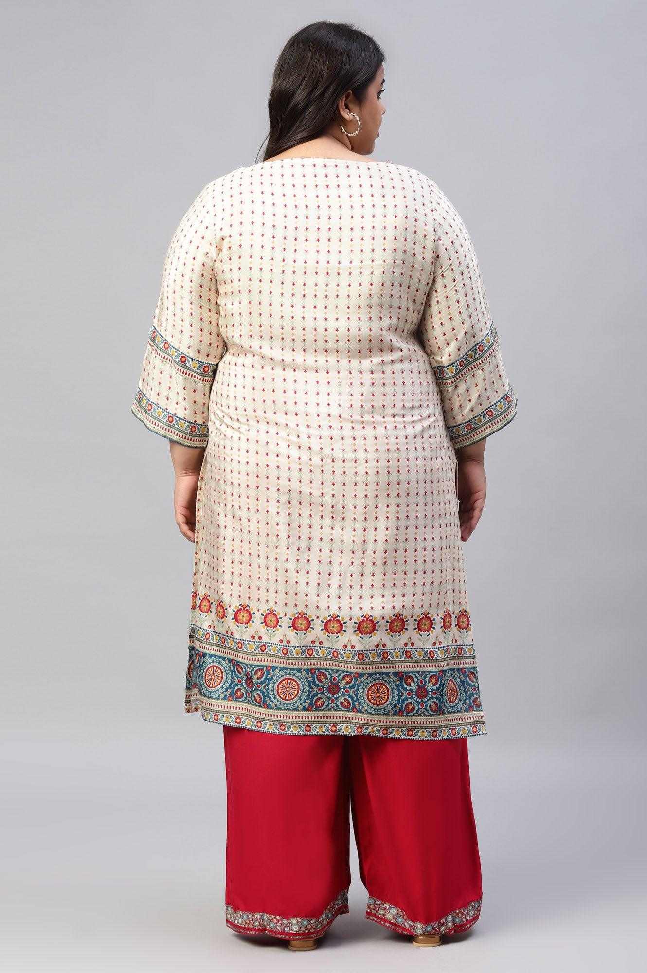 Ecru Floral Printed Sequined Plus Size kurta - Image 2