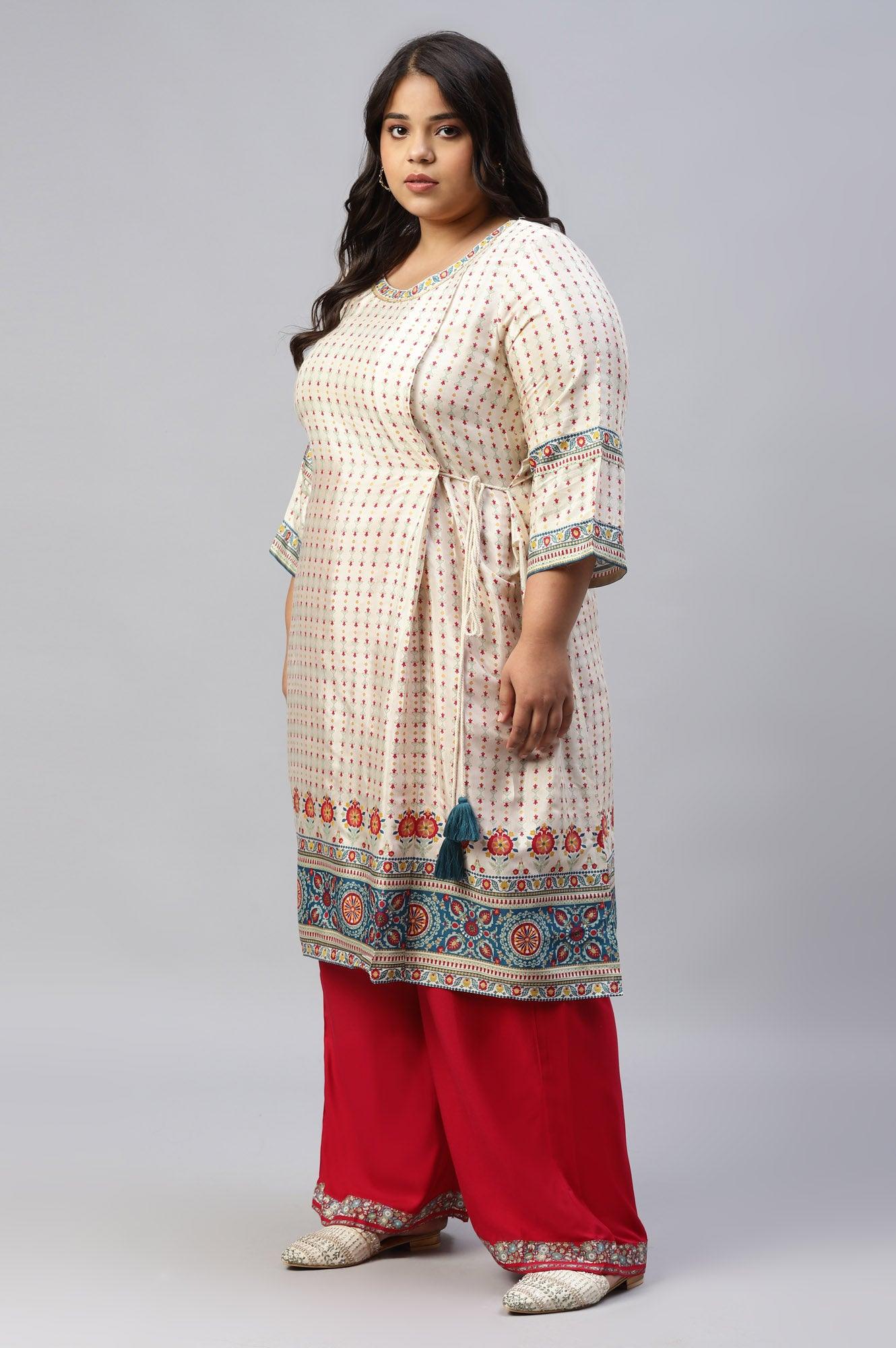 Ecru Floral Printed Sequined Plus Size kurta - Image 3
