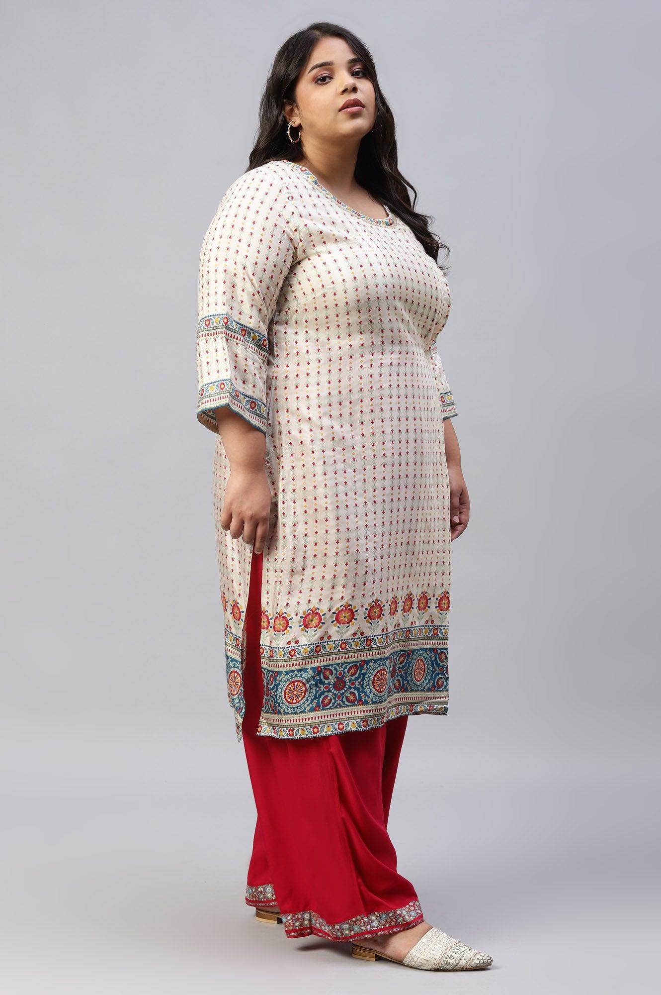 Ecru Floral Printed Sequined Plus Size kurta - Image 4