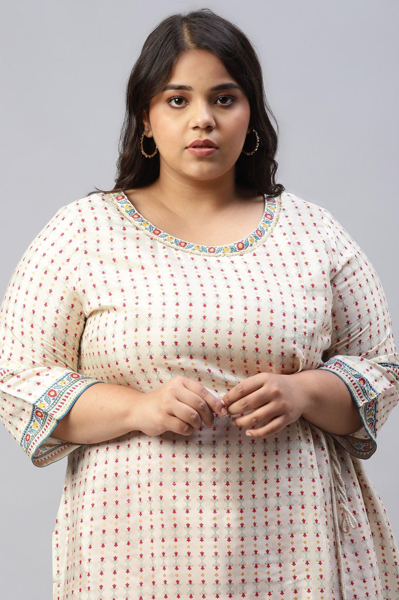 Ecru Floral Printed Sequined Plus Size kurta - Image 5