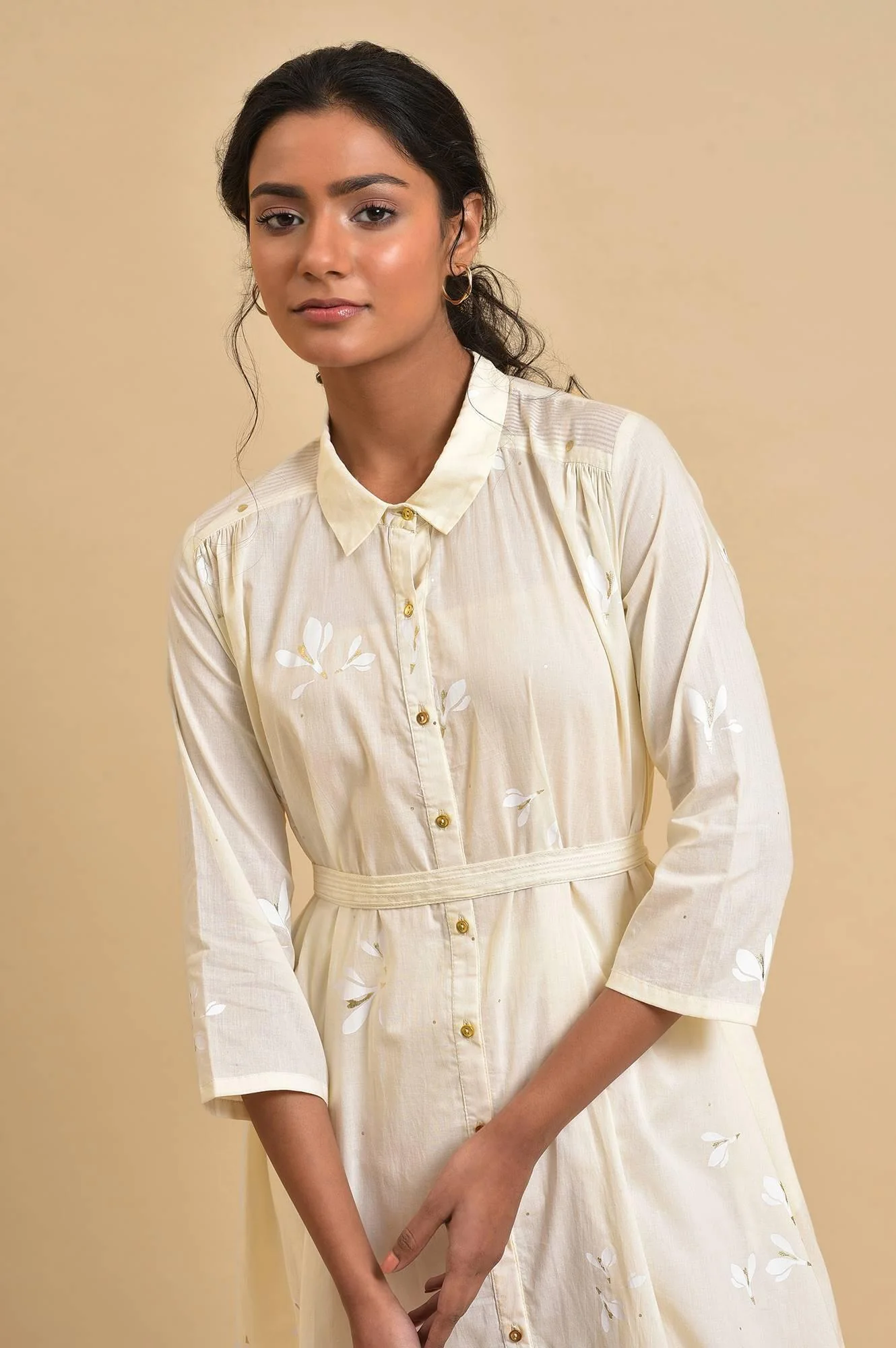 Ecru Floral Printed Shirt kurta Co-Ord Set With Belt - Image 5