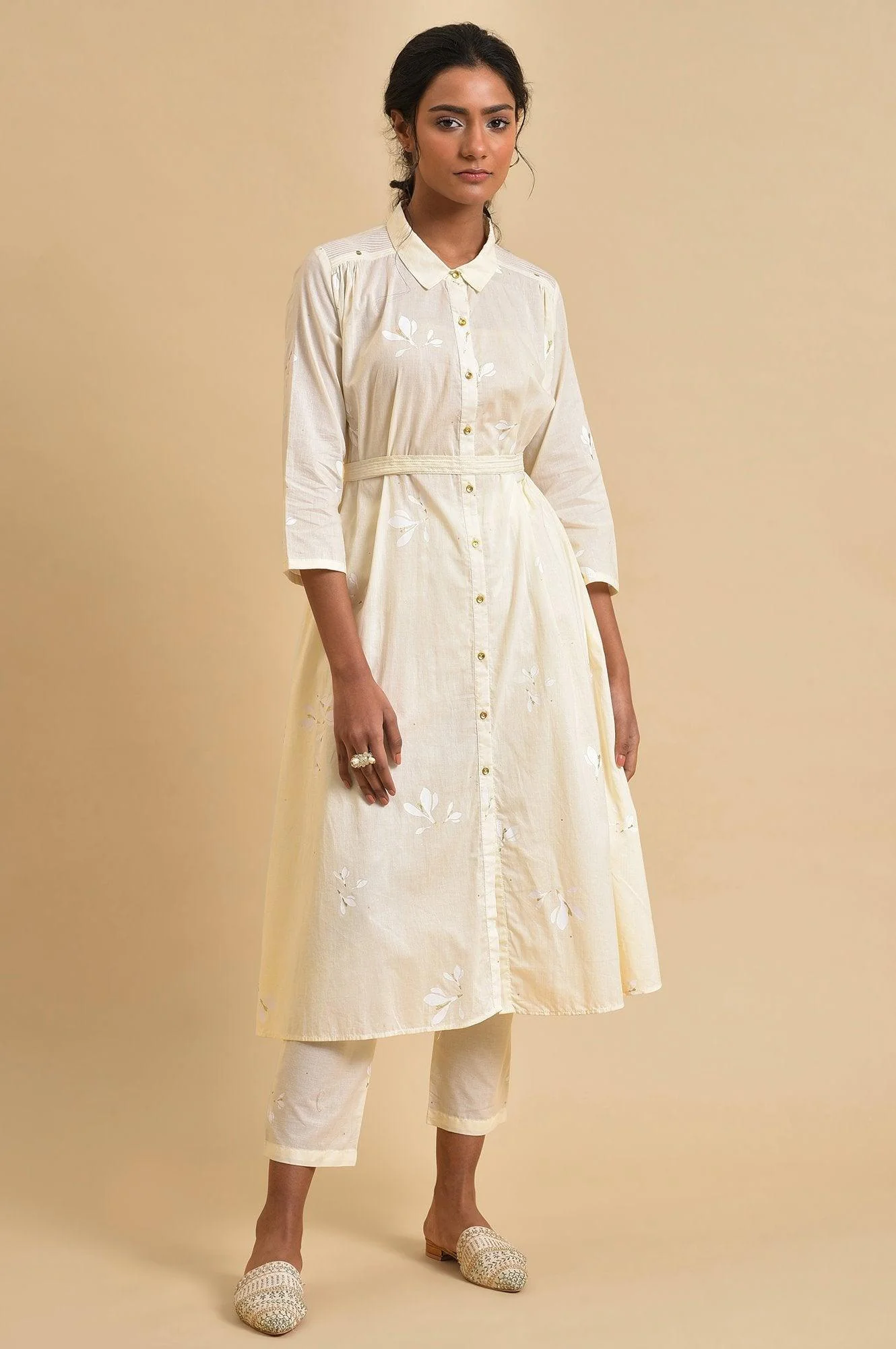 Ecru Floral Printed Shirt kurta Co-Ord Set With Belt - Image 8