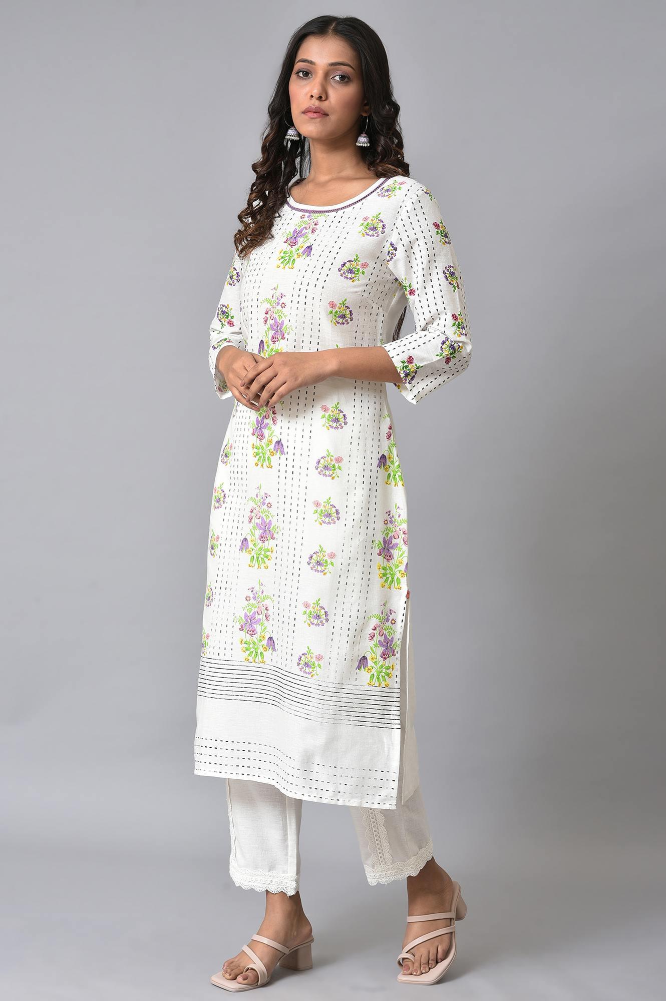 Ecru Floral Printed Straight kurta Set - Image 3