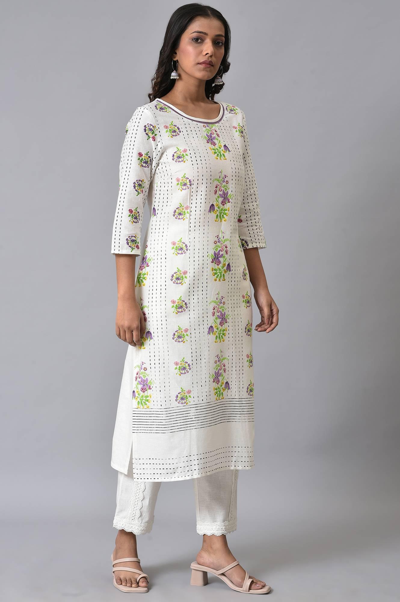 Ecru Floral Printed Straight kurta Set - Image 4