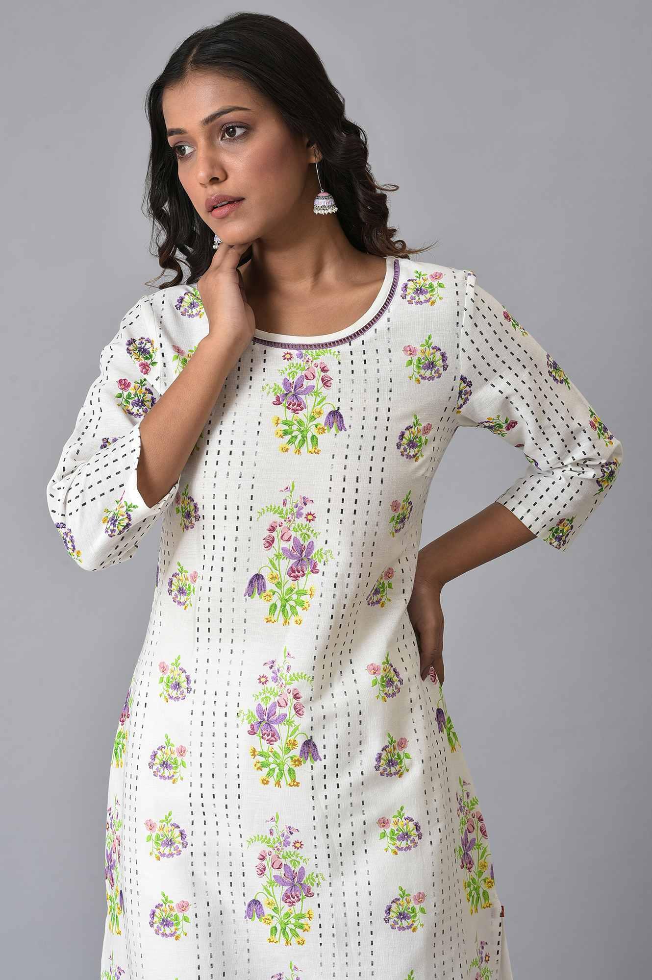 Ecru Floral Printed Straight kurta Set - Image 5
