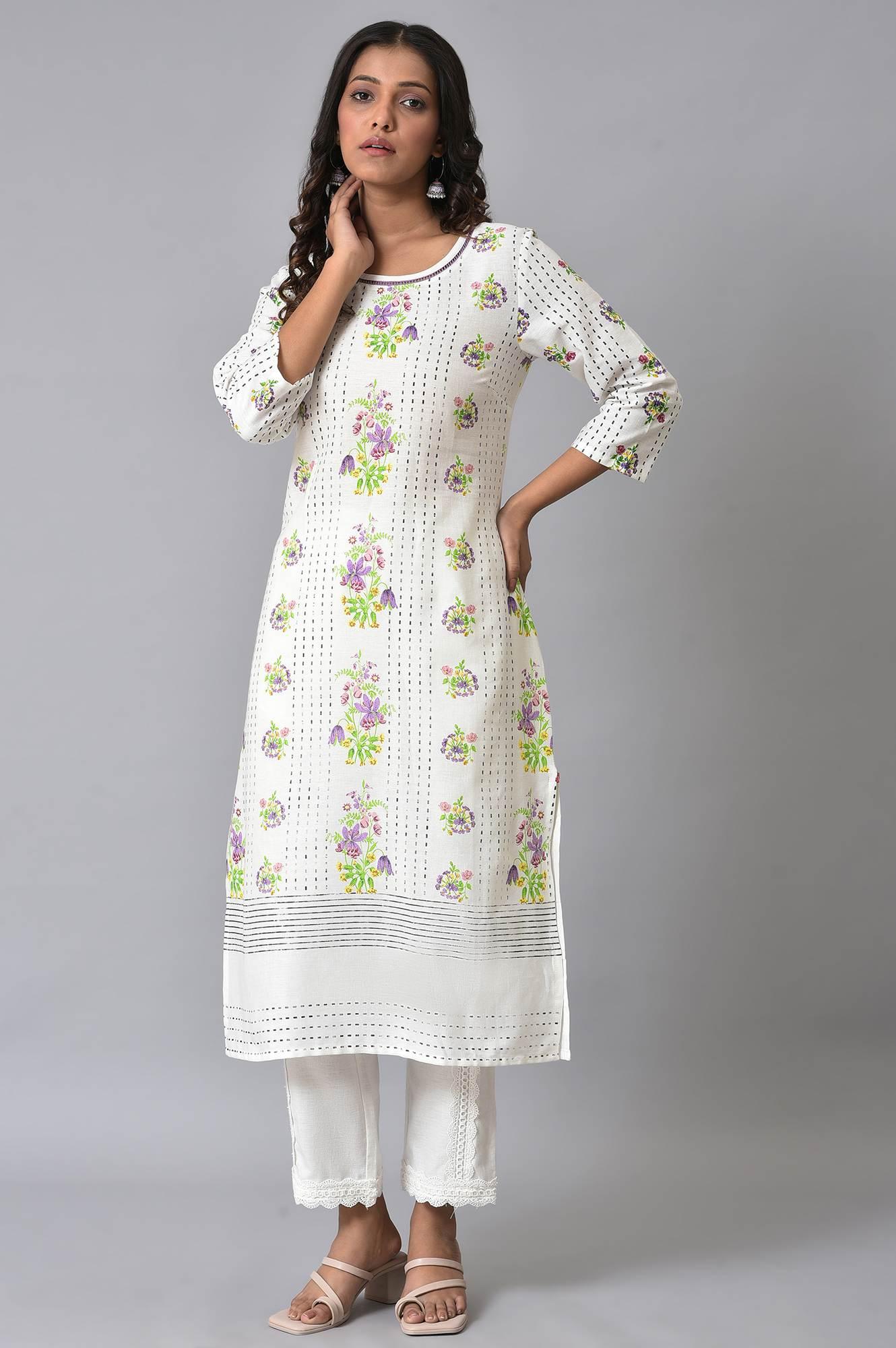 Ecru Floral Printed Straight kurta Set - Image 9
