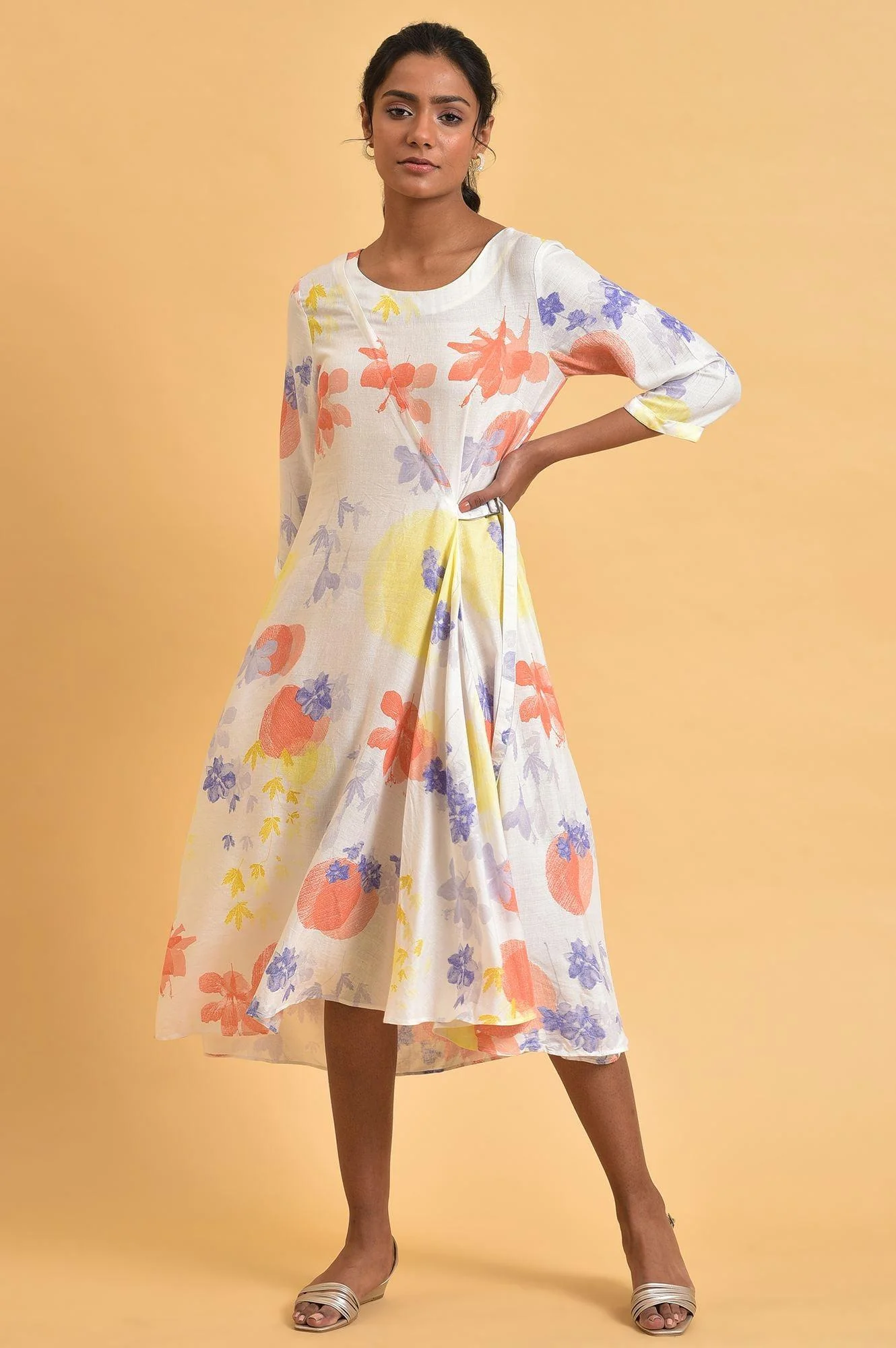 Ecru Floral Printed Summer Wrap Dress - Image 2