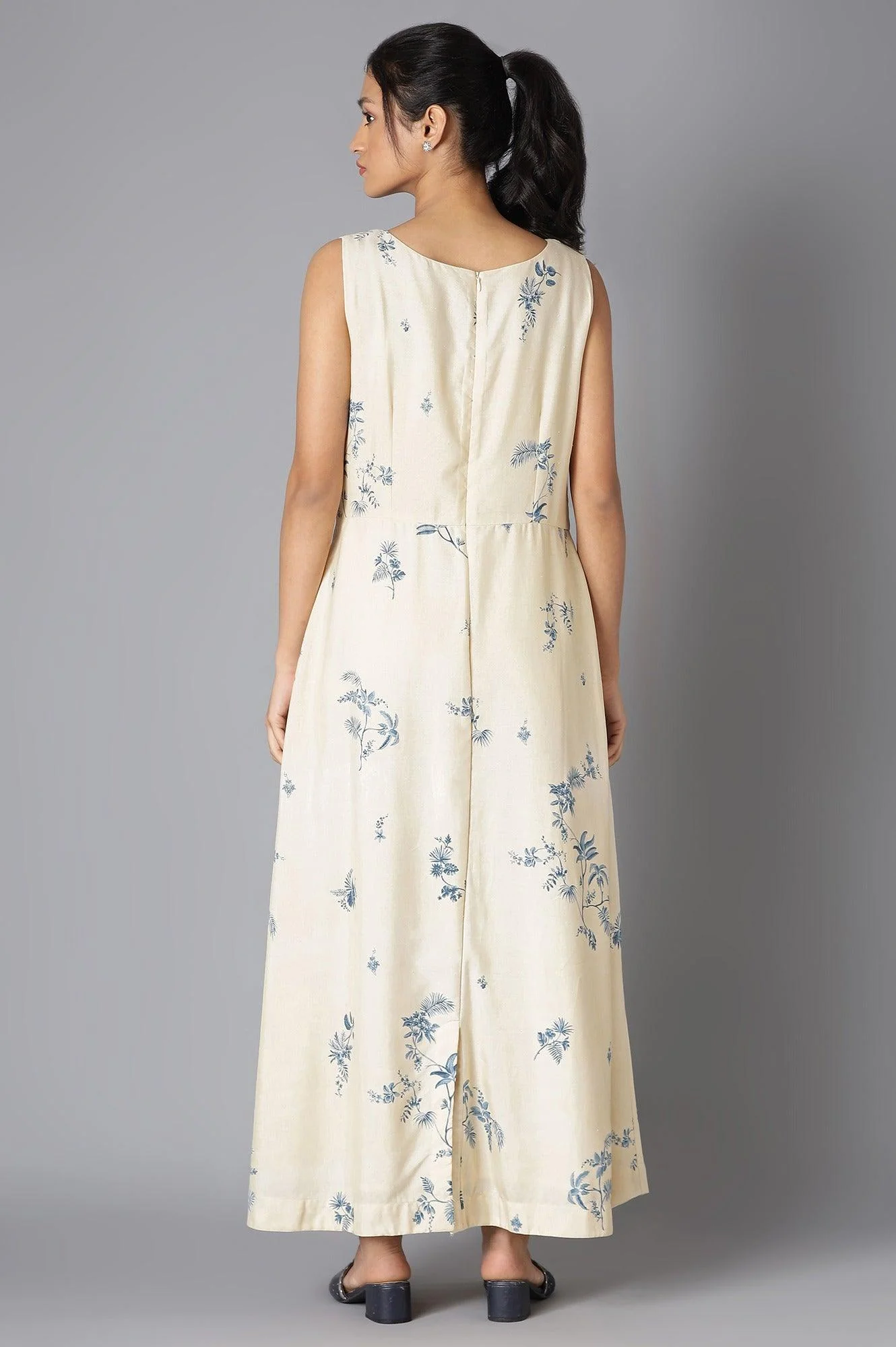 Ecru Floral Sleeveless Dress In Round Neck - Image 2