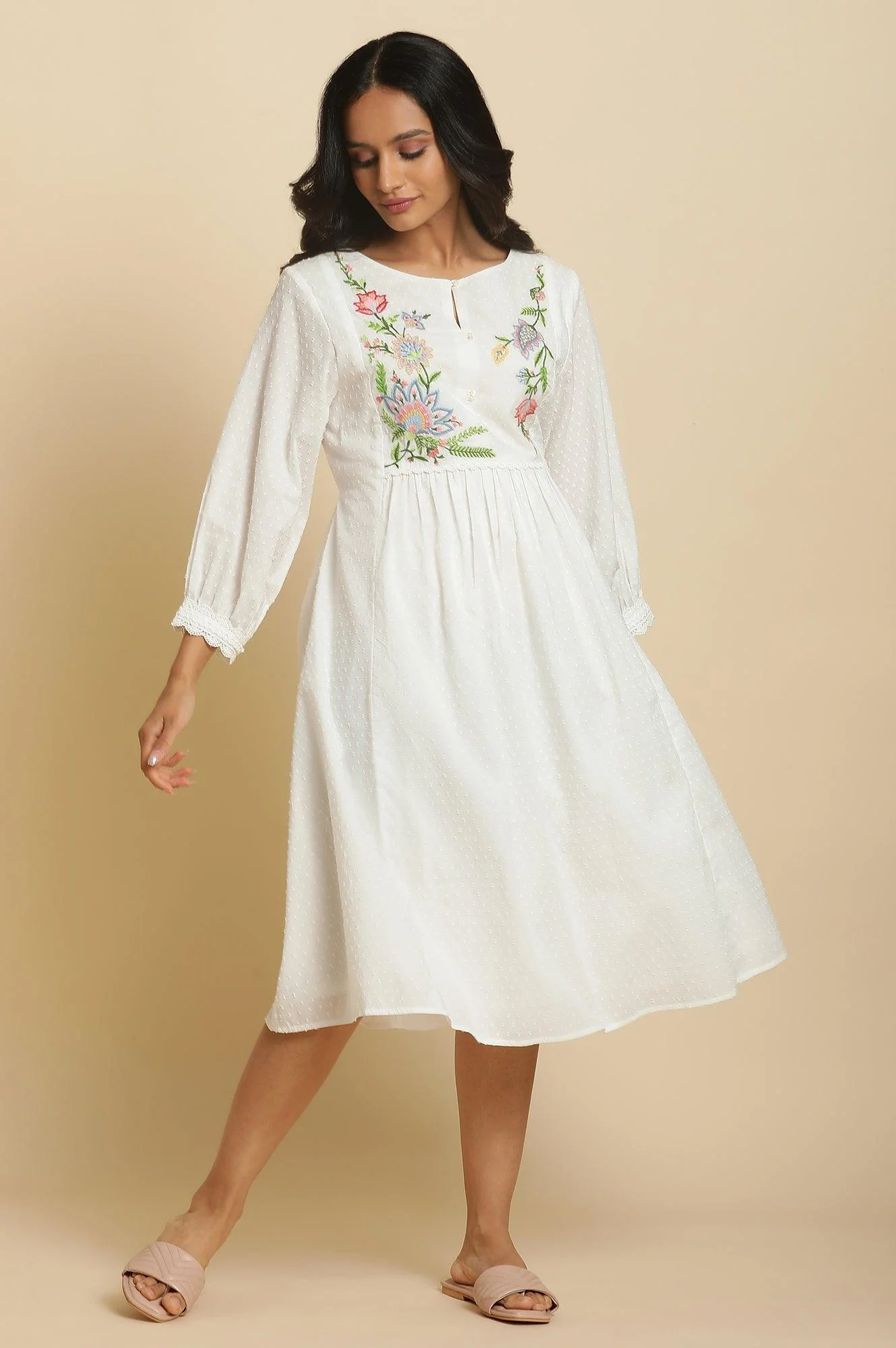 Ecru Gathered Dress In Multi-Coloured Embroidery - Image 2