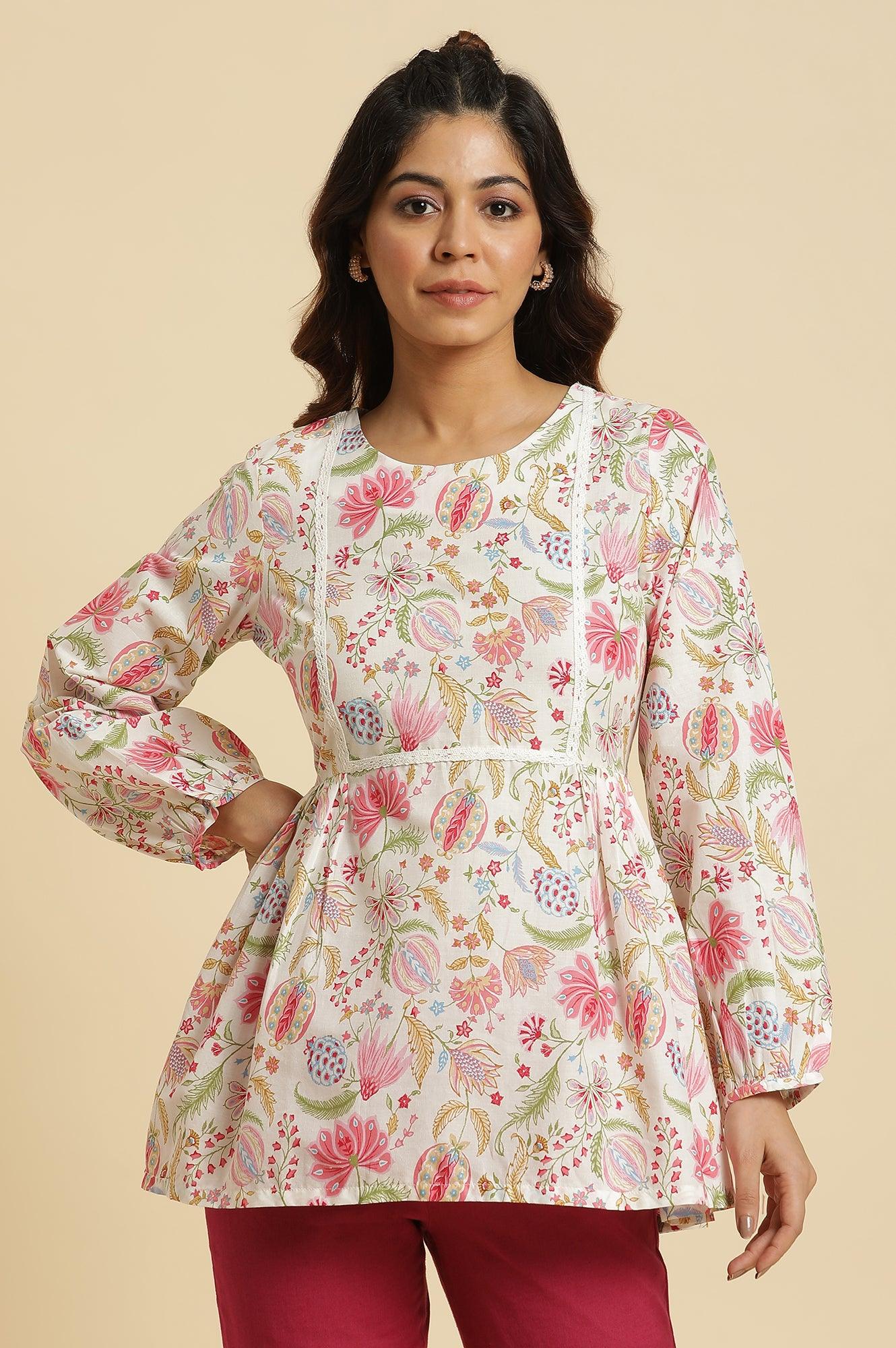 Ecru Gathered Top With Bright Floral Print - Image 2