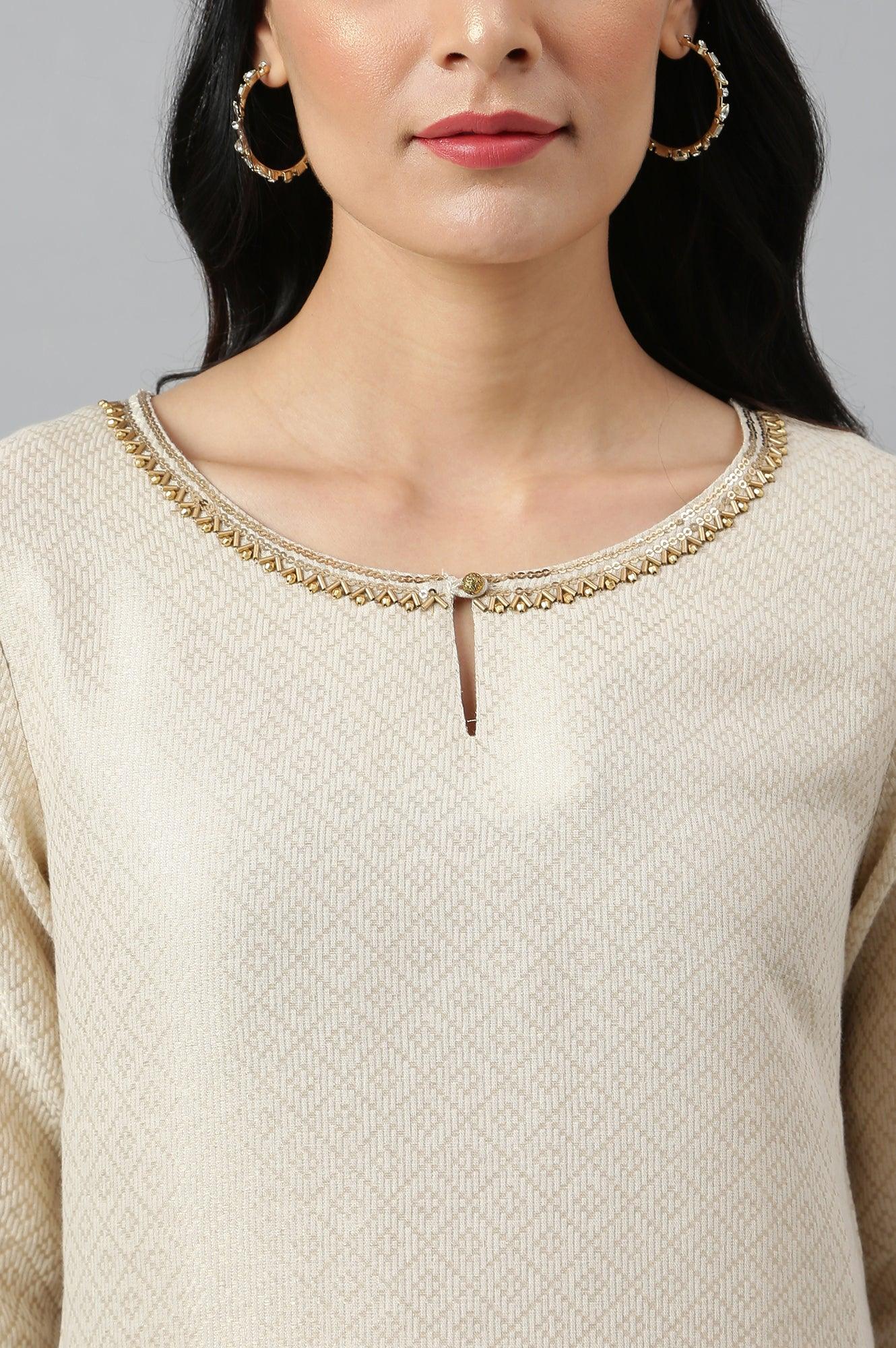 Ecru Geometric Print Dobby kurta - Image 8