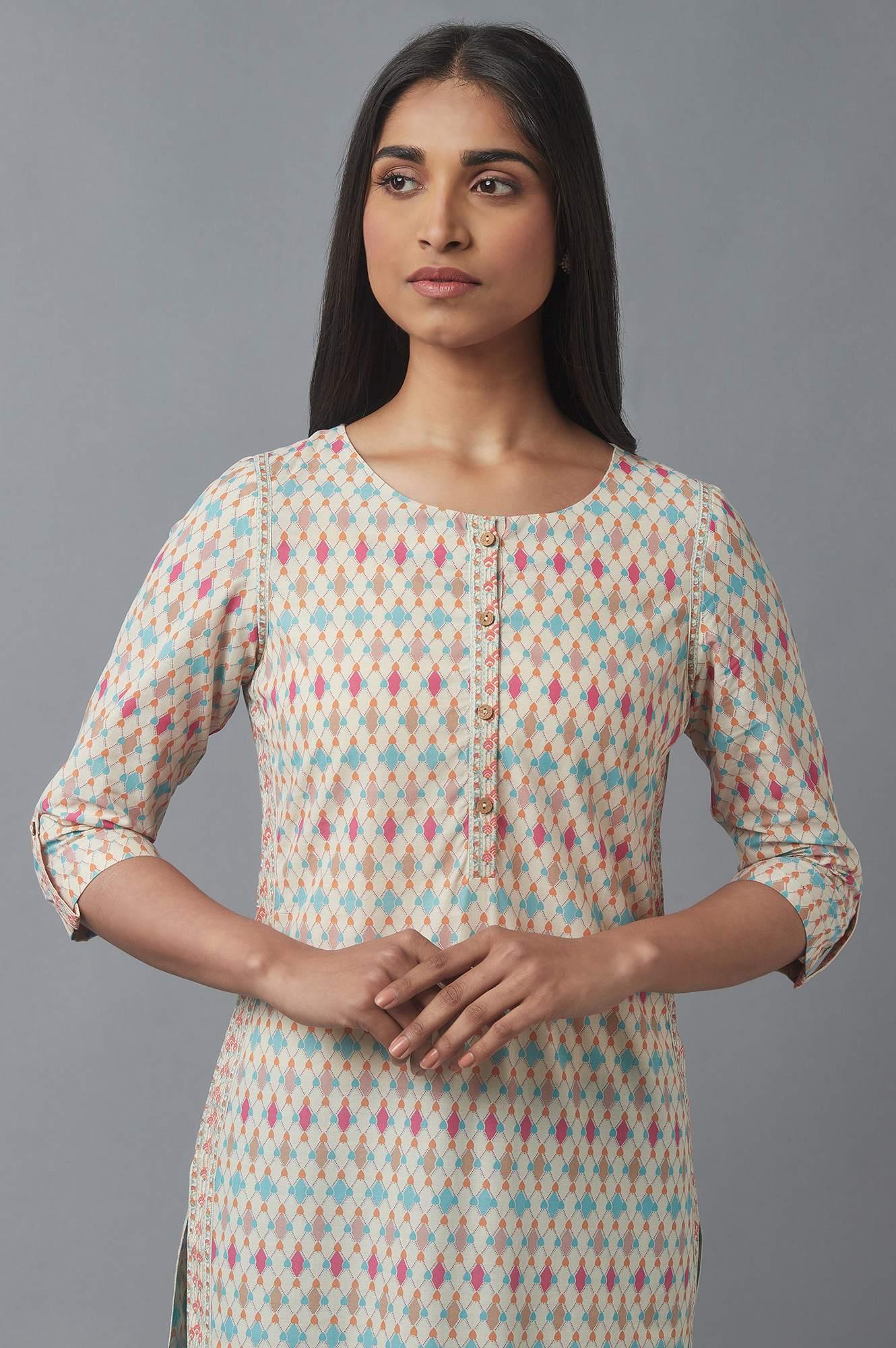 Ecru Geometric Print kurta - Image 5