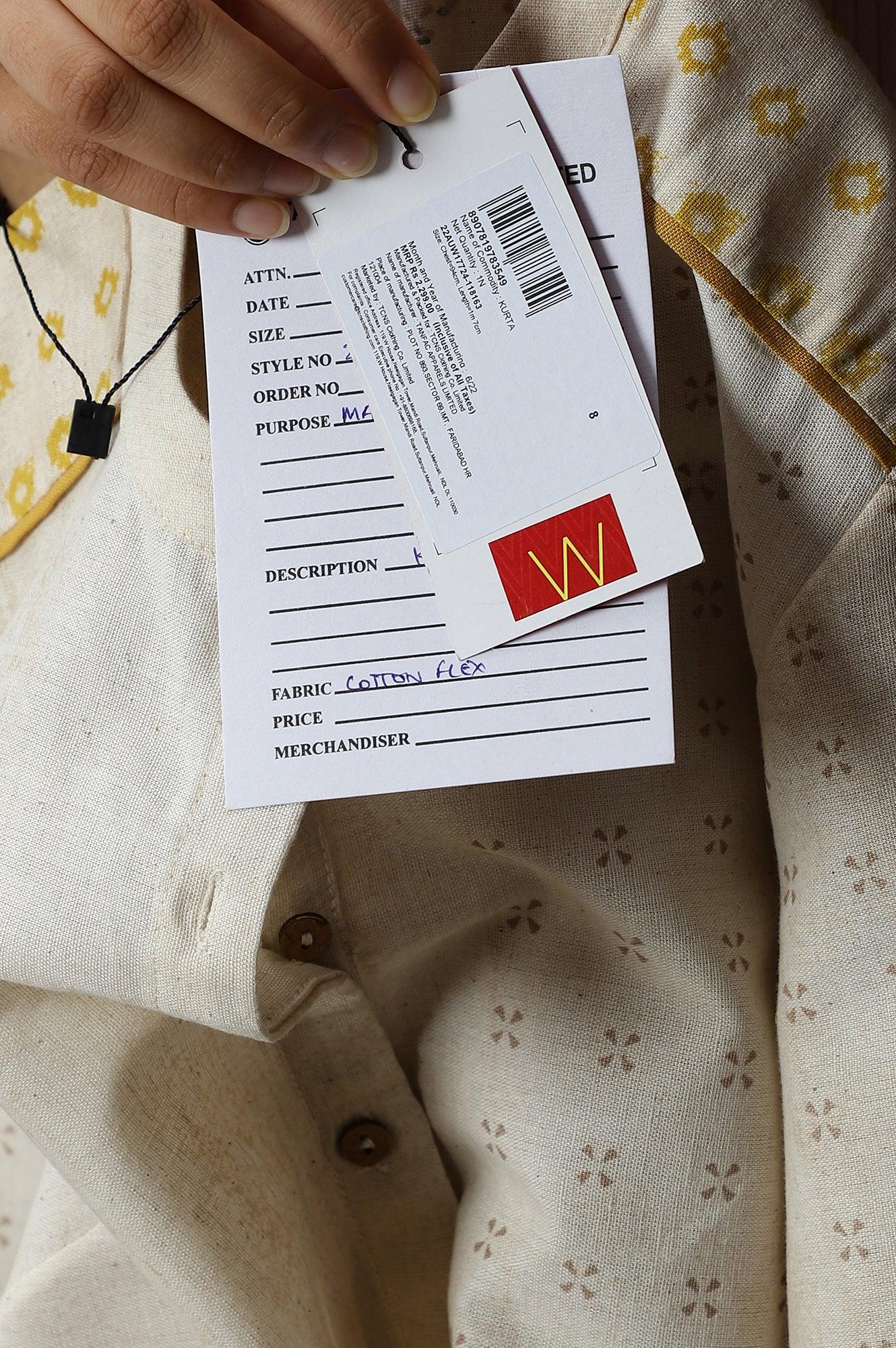 Ecru Geometric Print kurta In Mandarin Collar - Image 9