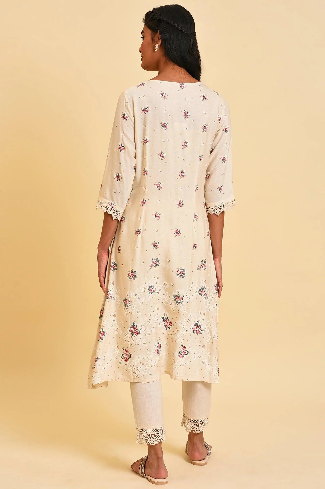 Ecru Glitter Floral Print Mix kurta - Image 2
