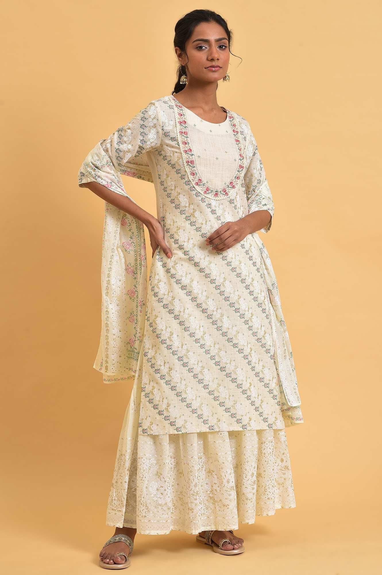 Ecru Glitter Print Round Neck kurta With Embroidery - Image 6