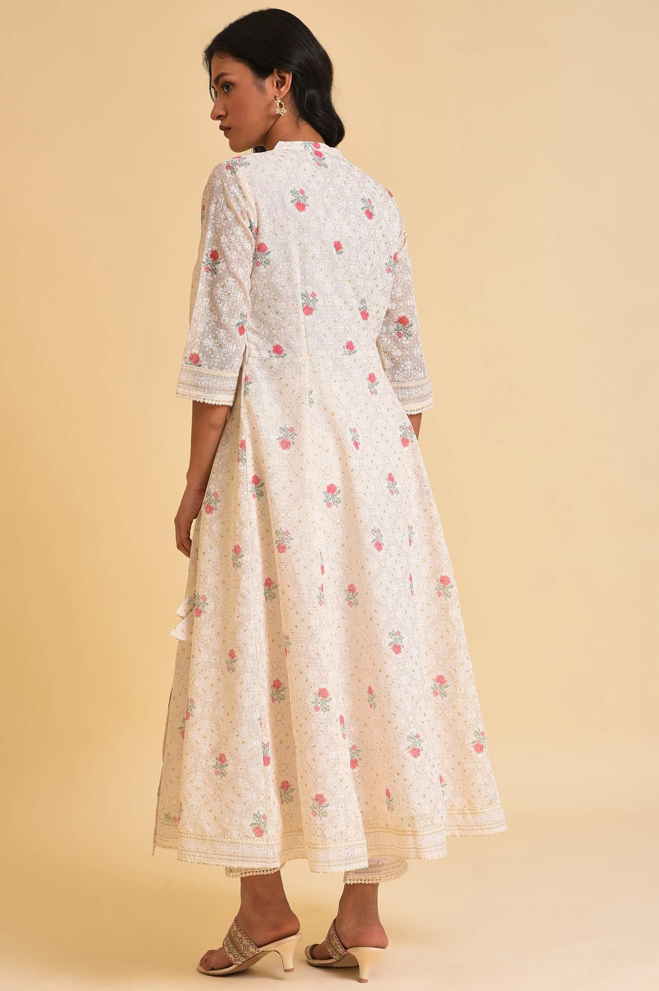 Ecru Glitter Printed Angrakha kurta & Pants Set - Image 2