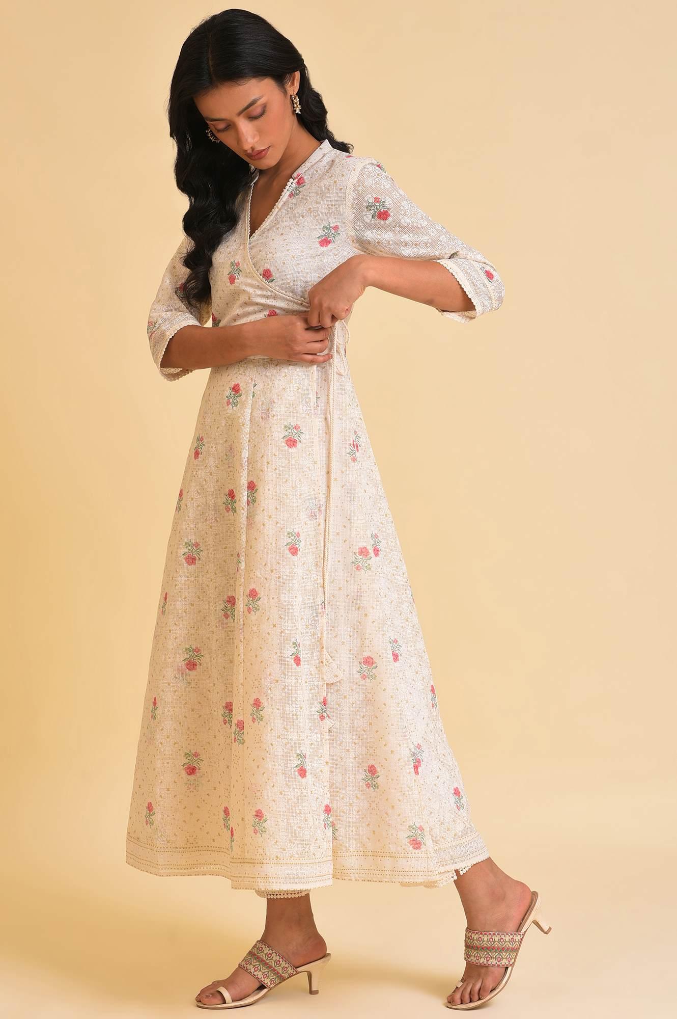 Ecru Glitter Printed Angrakha kurta & Pants Set - Image 3