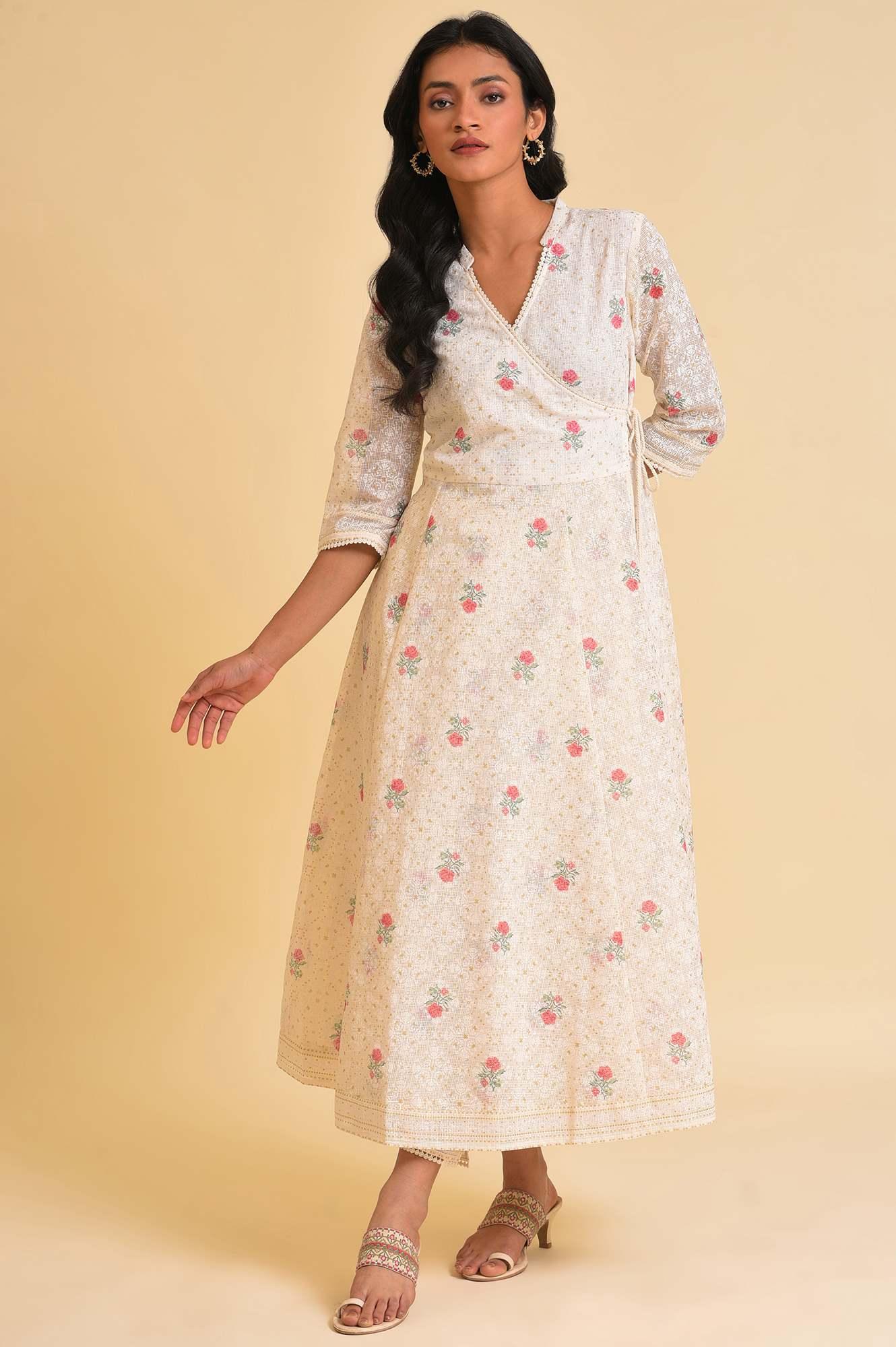 Ecru Glitter Printed Angrakha kurta & Pants Set - Image 9