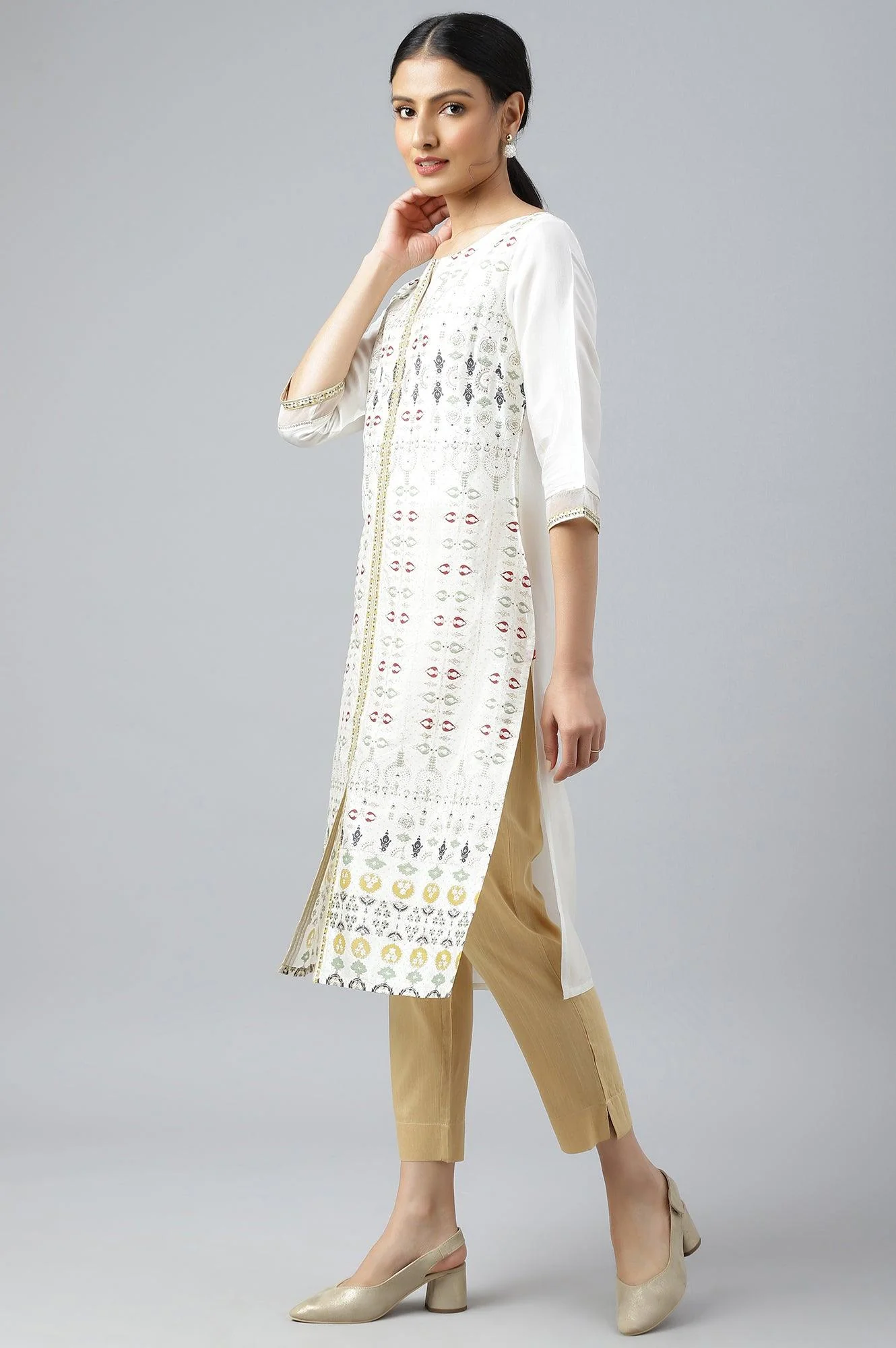 Ecru Glitter Printed kurta With Sequins - Image 3
