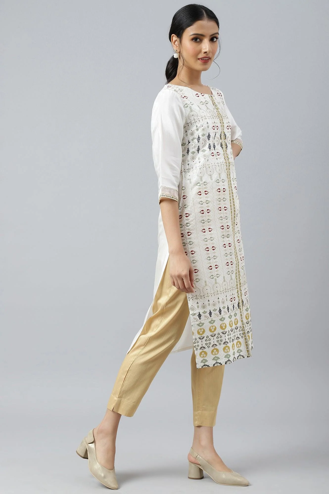 Ecru Glitter Printed kurta With Sequins - Image 4