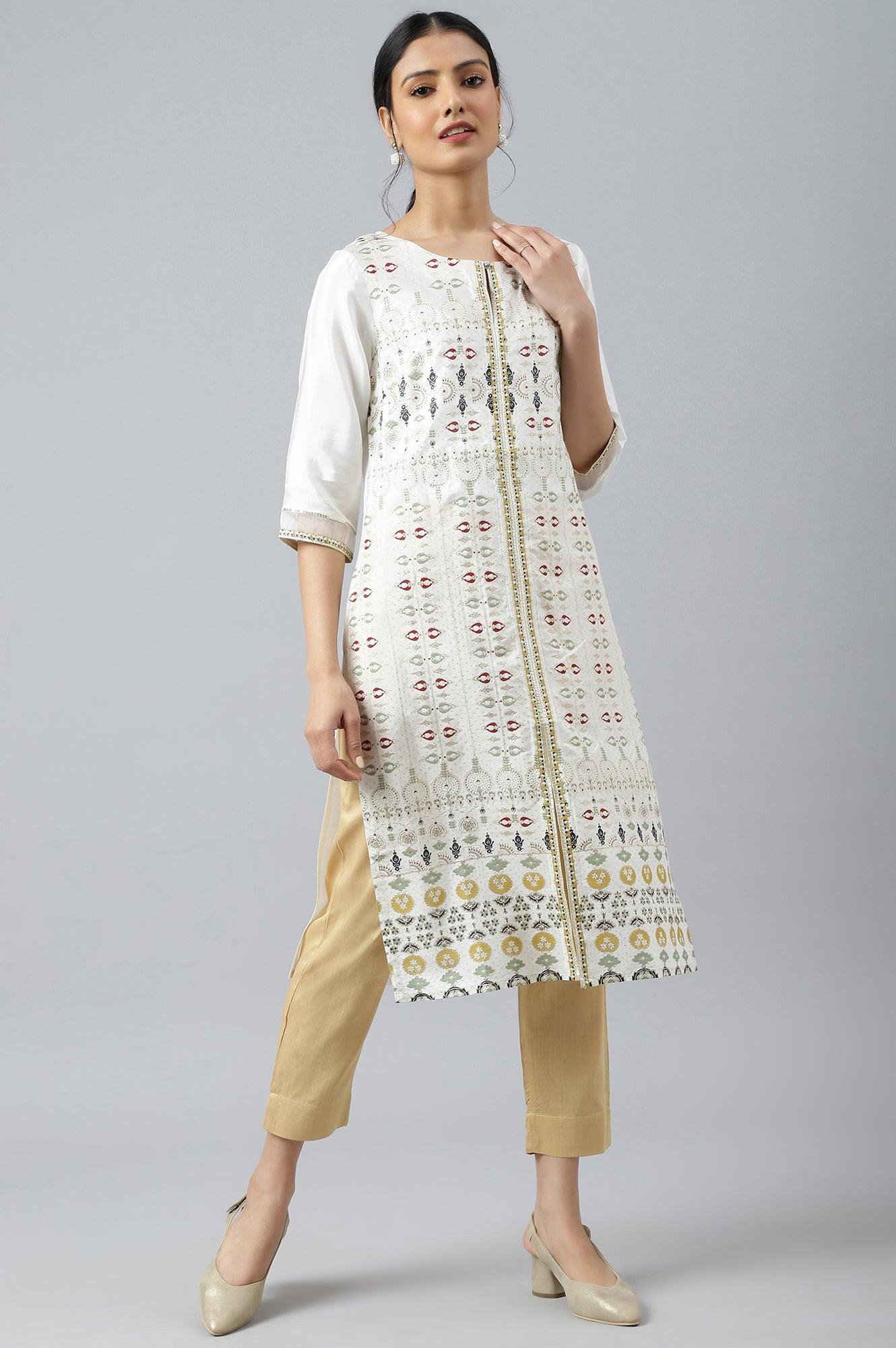 Ecru Glitter Printed kurta With Sequins - Image 6