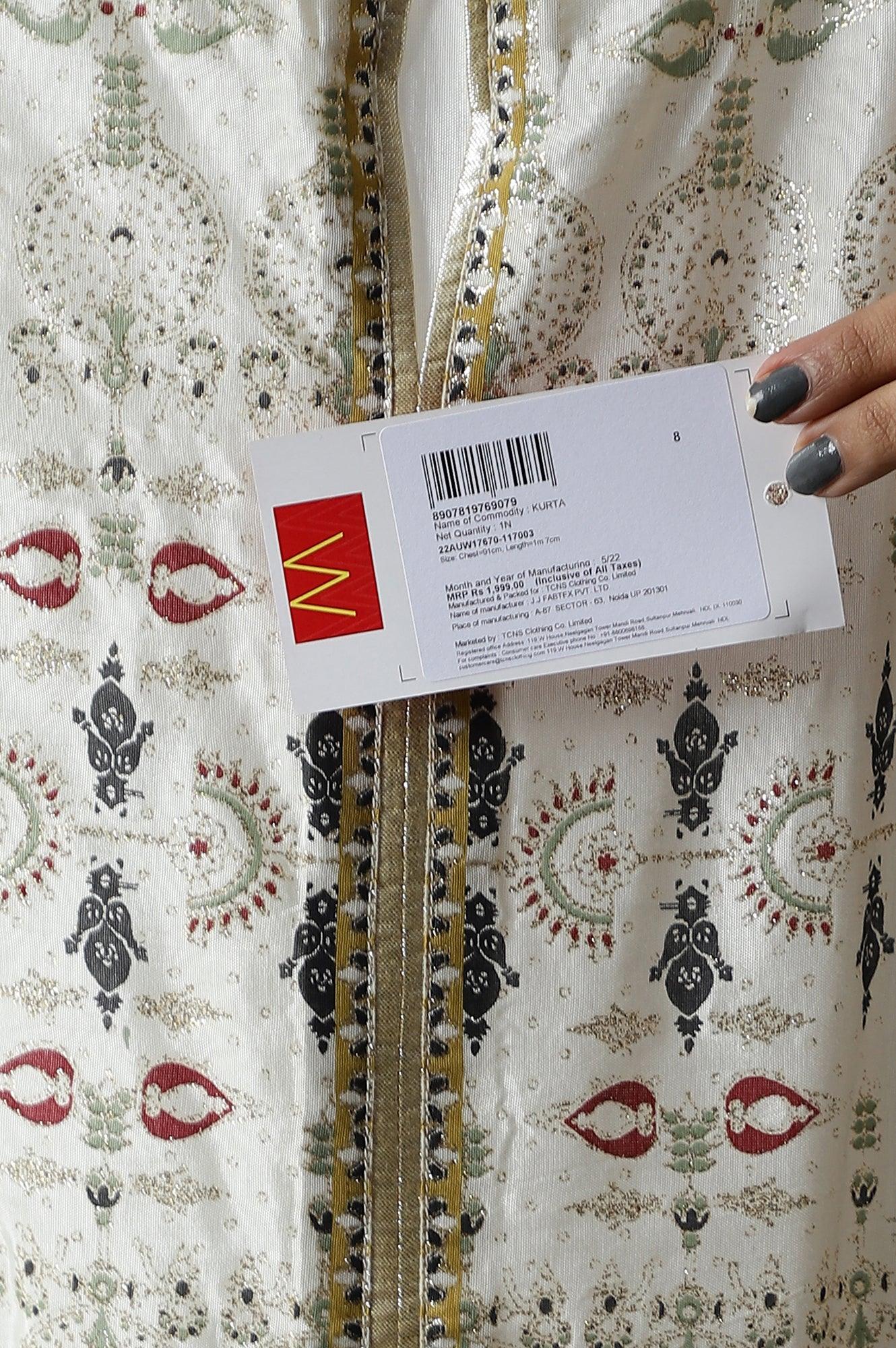 Ecru Glitter Printed kurta With Sequins - Image 9