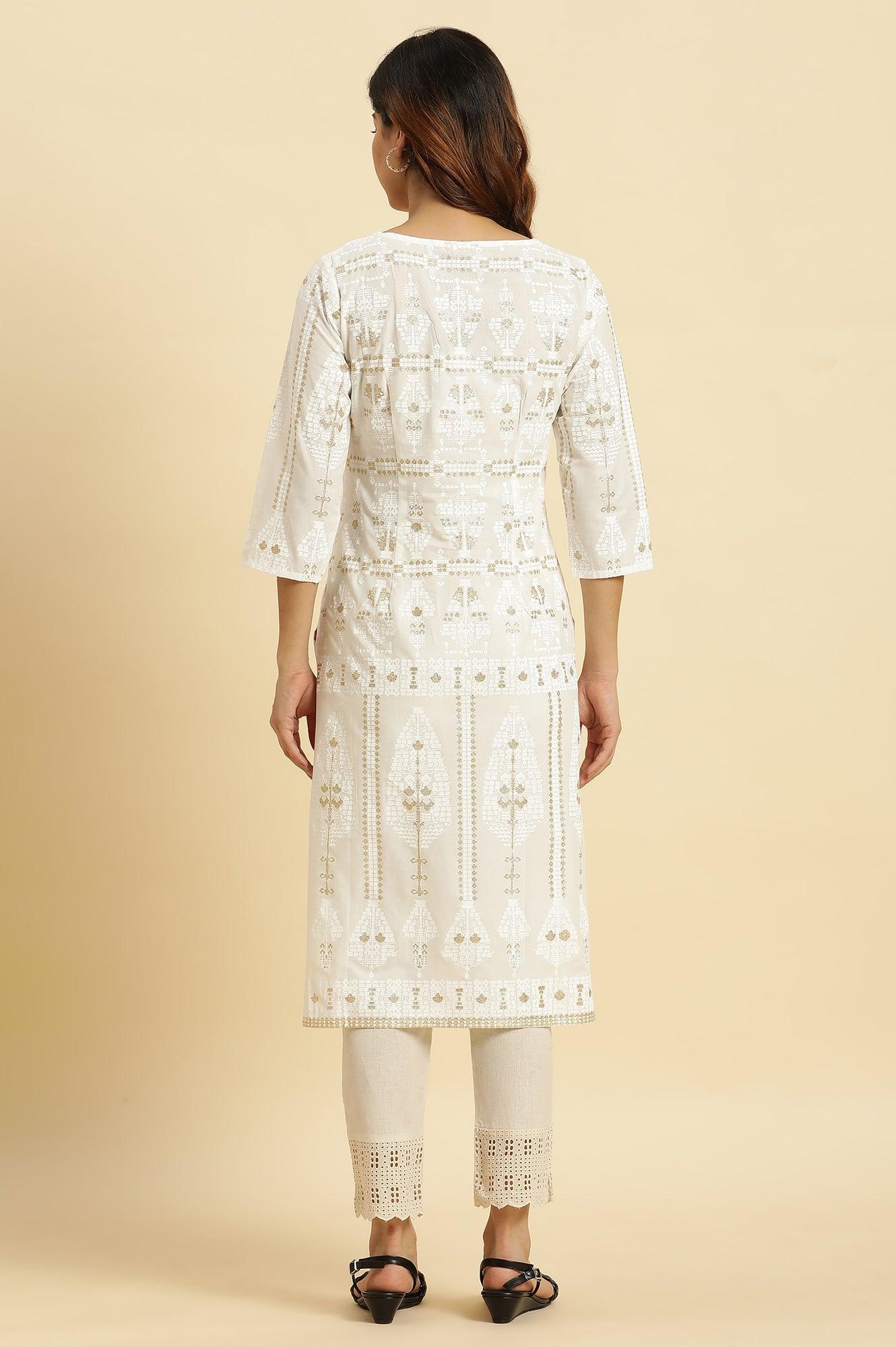 Ecru Glitter Printed Light Festive Kurta - Image 4