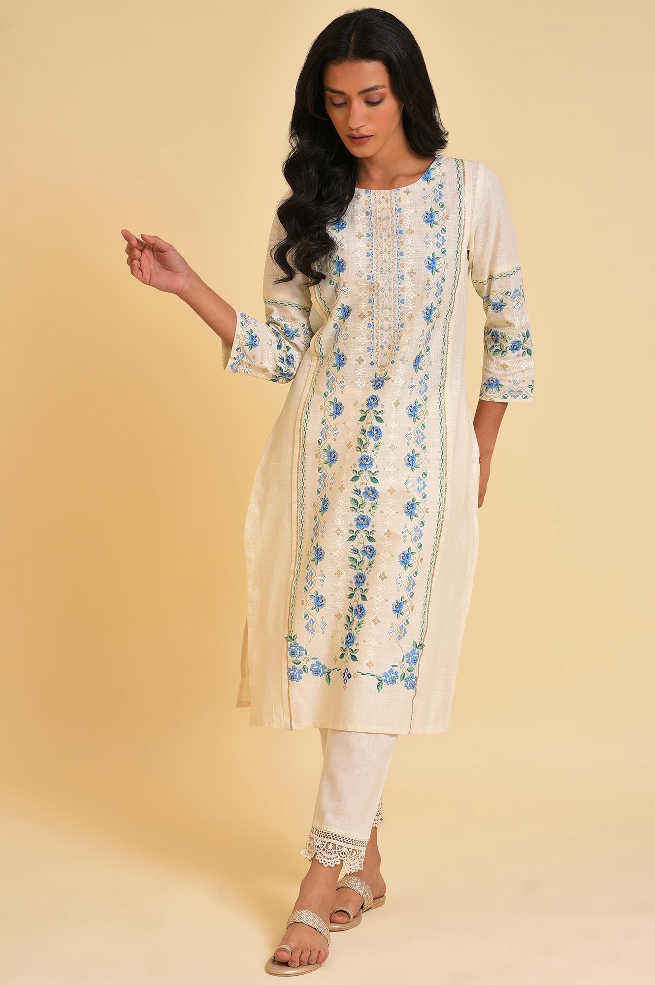 Ecru Glitter Printed Straight Plus Size Summer kurta