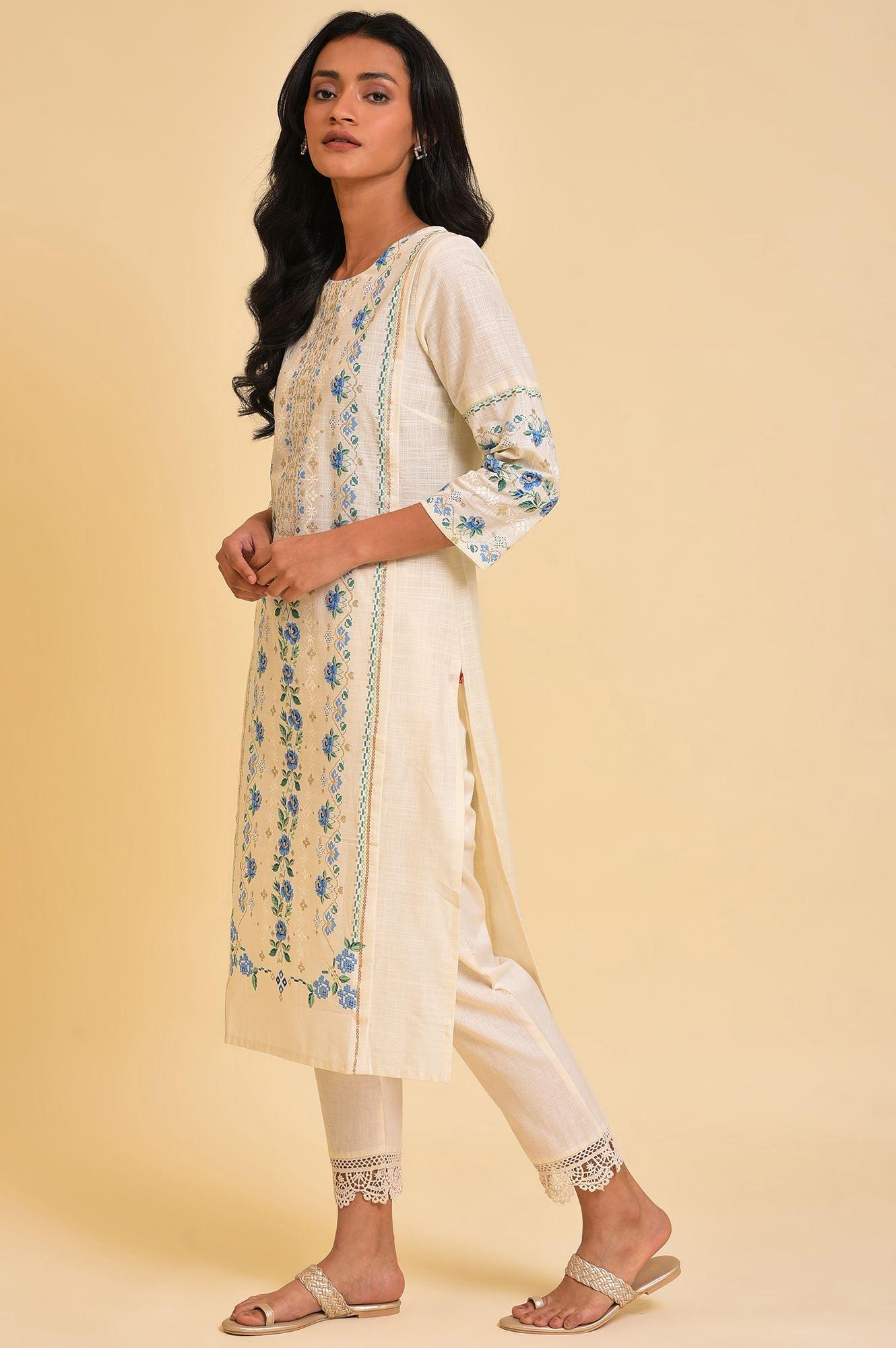 Ecru Glitter Printed Straight Plus Size Summer kurta - Image 3