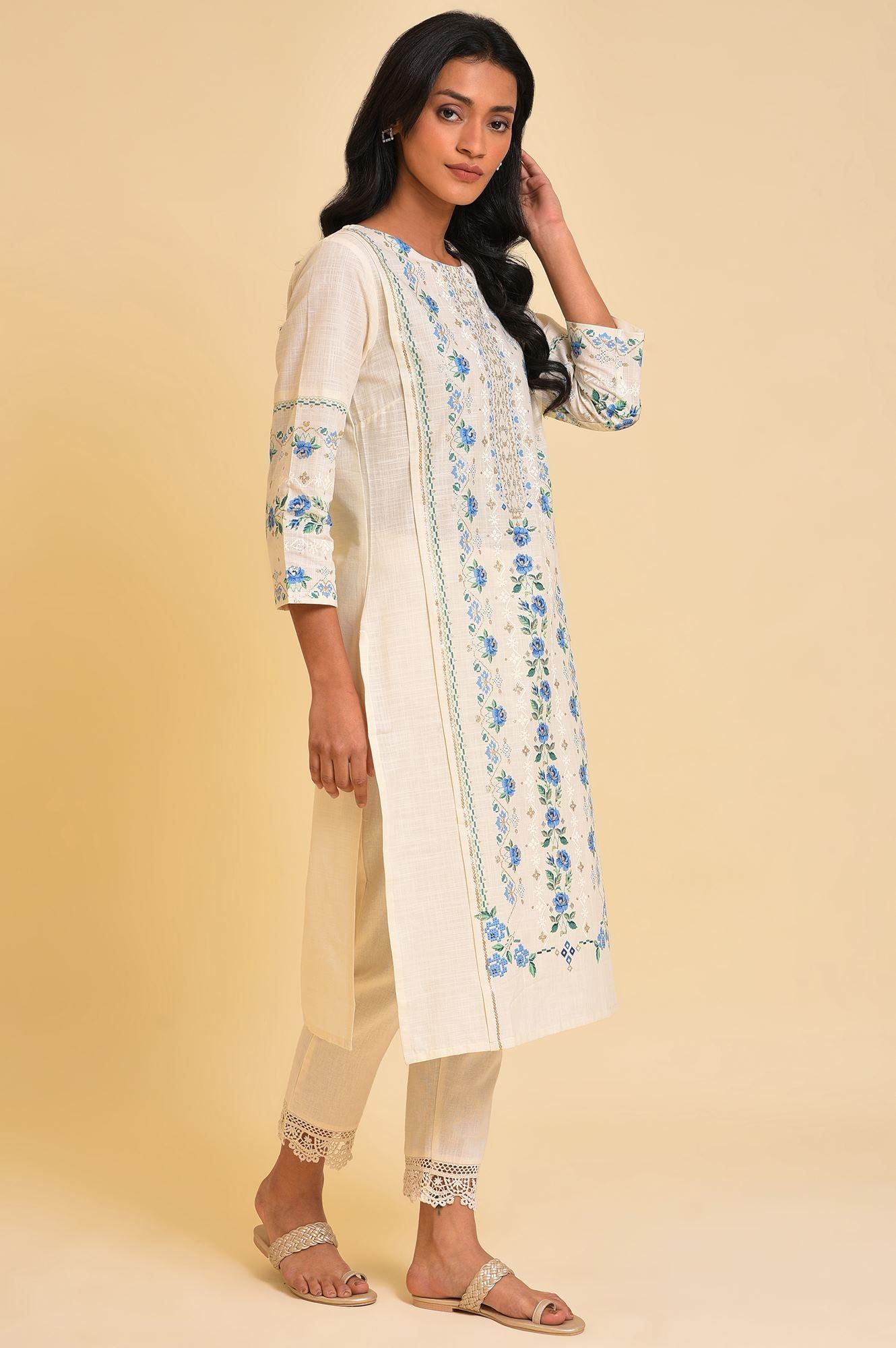 Ecru Glitter Printed Straight Plus Size Summer kurta - Image 4