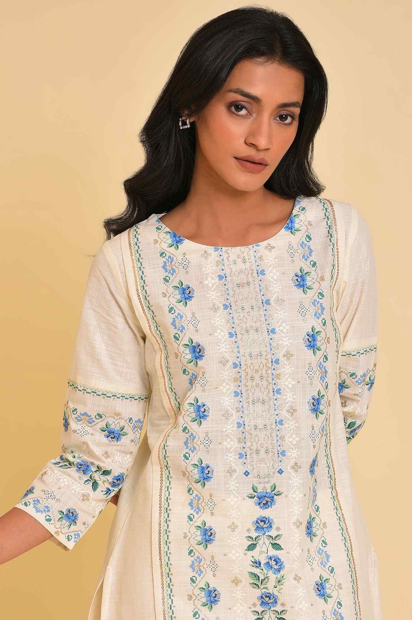 Ecru Glitter Printed Straight Plus Size Summer kurta - Image 5