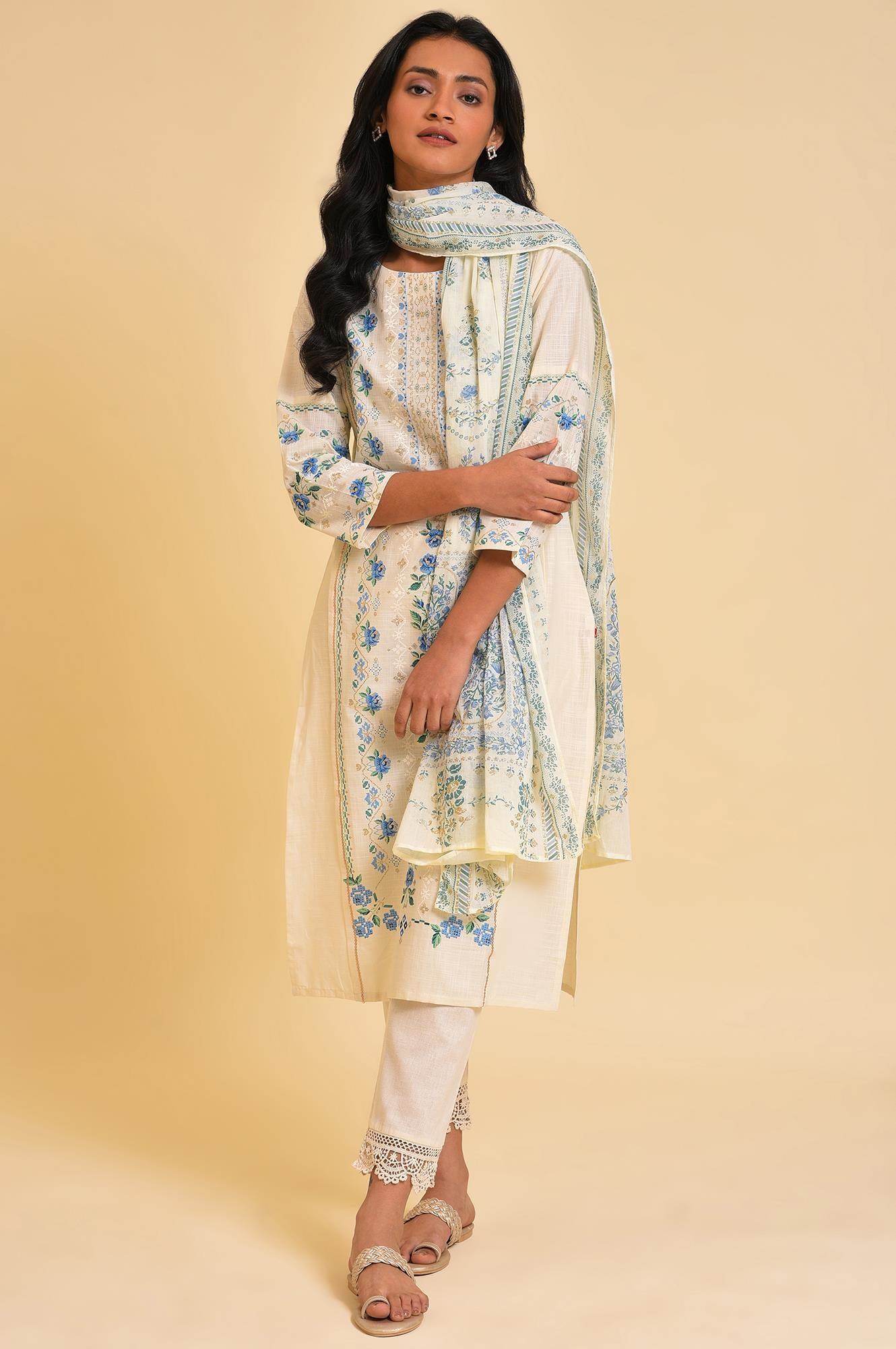 Ecru Glitter Printed Straight Plus Size Summer kurta - Image 6