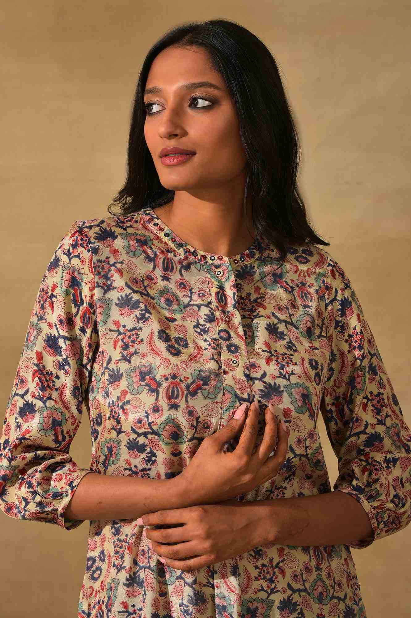 Ecru Hand Block Floral Print Shirtdress - Image 5