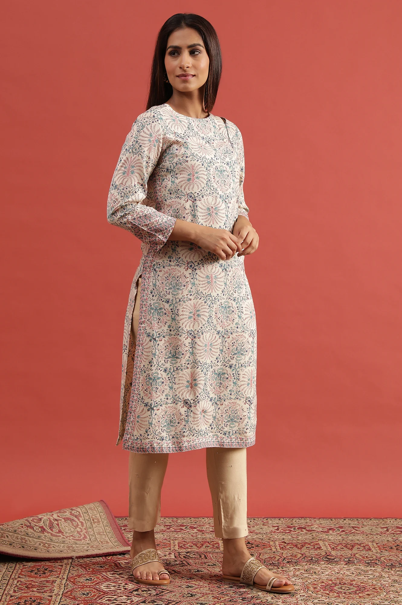 Ecru Hand Block Print Kurta In Rayon Flax - Image 5