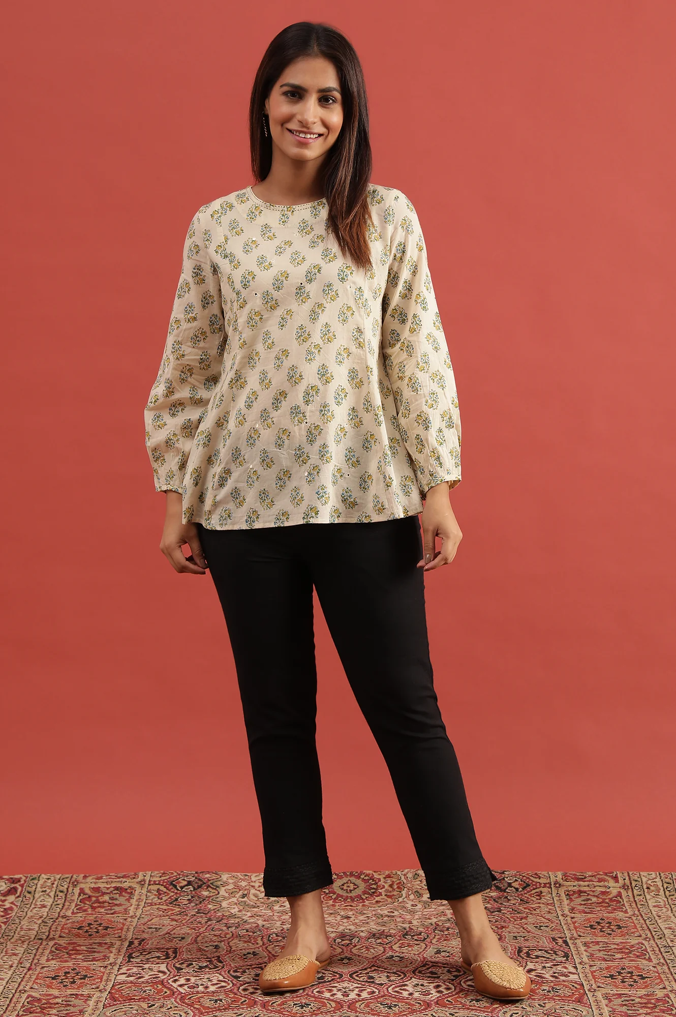 Ecru Hand Block Printed Round Neck Top - Image 2